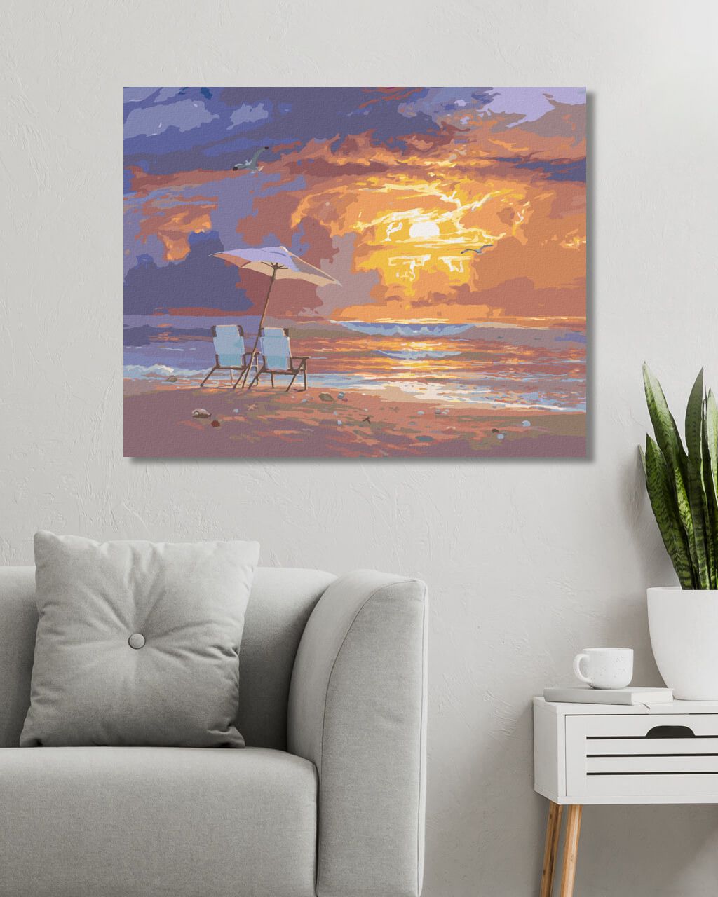 zuty Malování podle čísel - MUŠLE, ŽIDLE POD DEŠTNÍKEM NA PLÁŽI A ZÁPAD SLUNCE (ABRAHAM HUNTER) - Rozměr: 40x50 cm, Rámování: Varianta: vypnuté plátno na rám - obrázek 10
