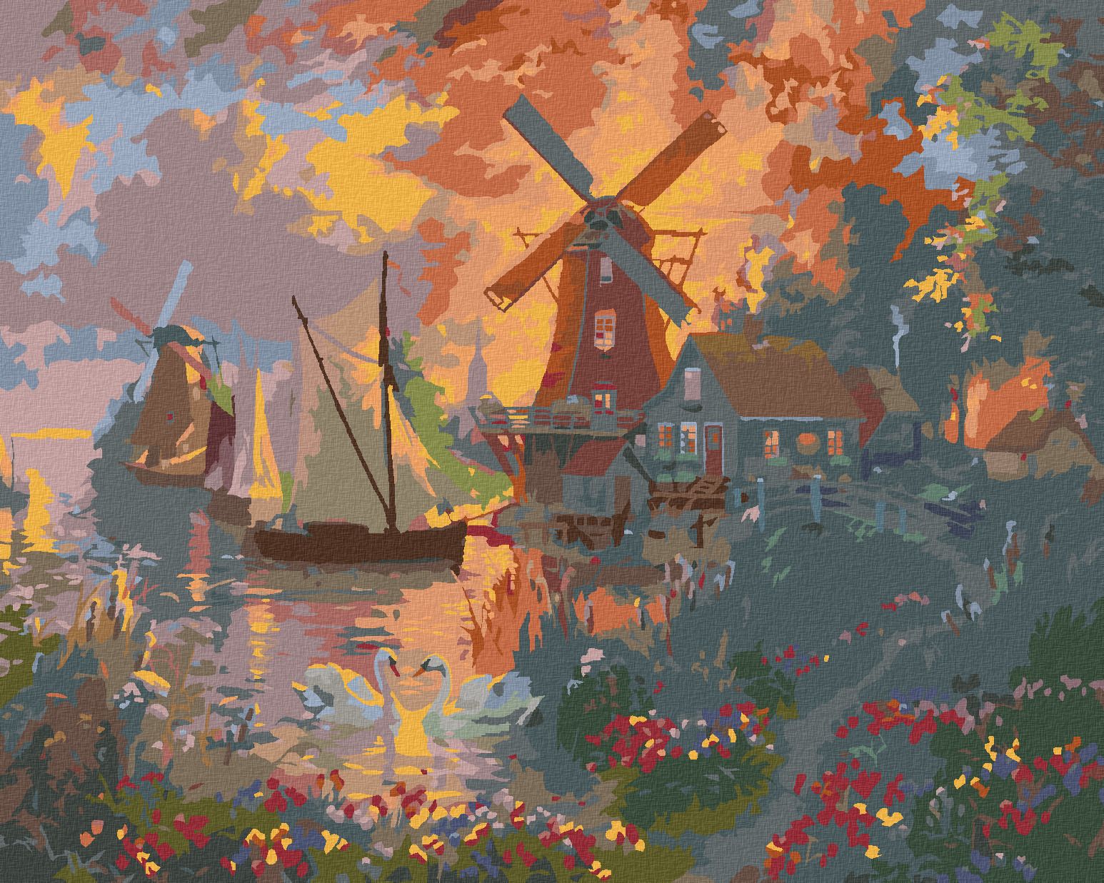 zuty Malování podle čísel - LABUTĚ, MLÝNY, PLACHETNICE A ZÁPAD SLUNCE (ABRAHAM HUNTER) - Rozměr: 40x50 cm, Rámování: Varianta: bez rámu a bez vypnutí plátna - obrázek 1