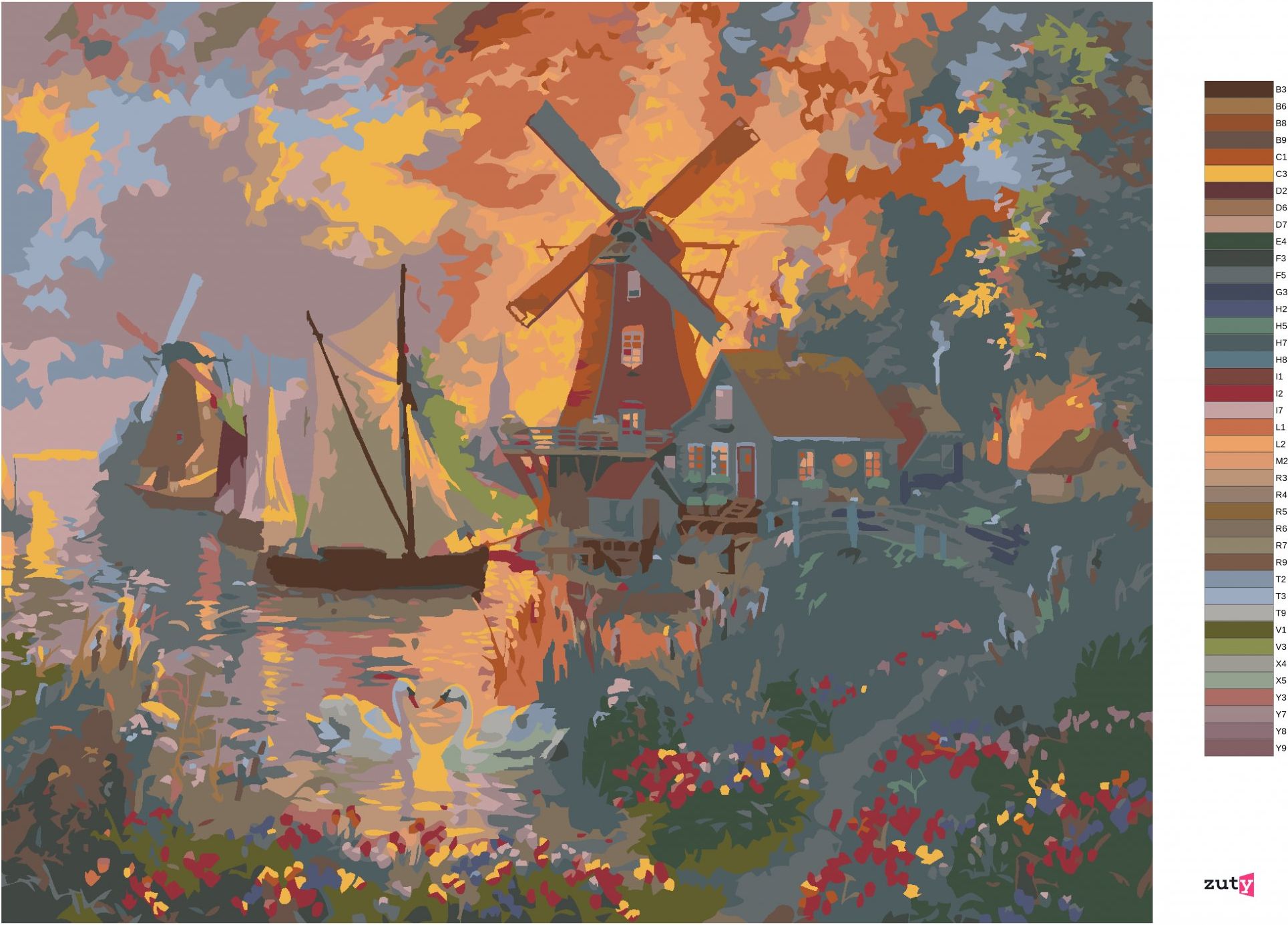 zuty Malování podle čísel - LABUTĚ, MLÝNY, PLACHETNICE A ZÁPAD SLUNCE (ABRAHAM HUNTER) - Rozměr: 40x50 cm, Rámování: Varianta: bez rámu a bez vypnutí plátna - obrázek 7
