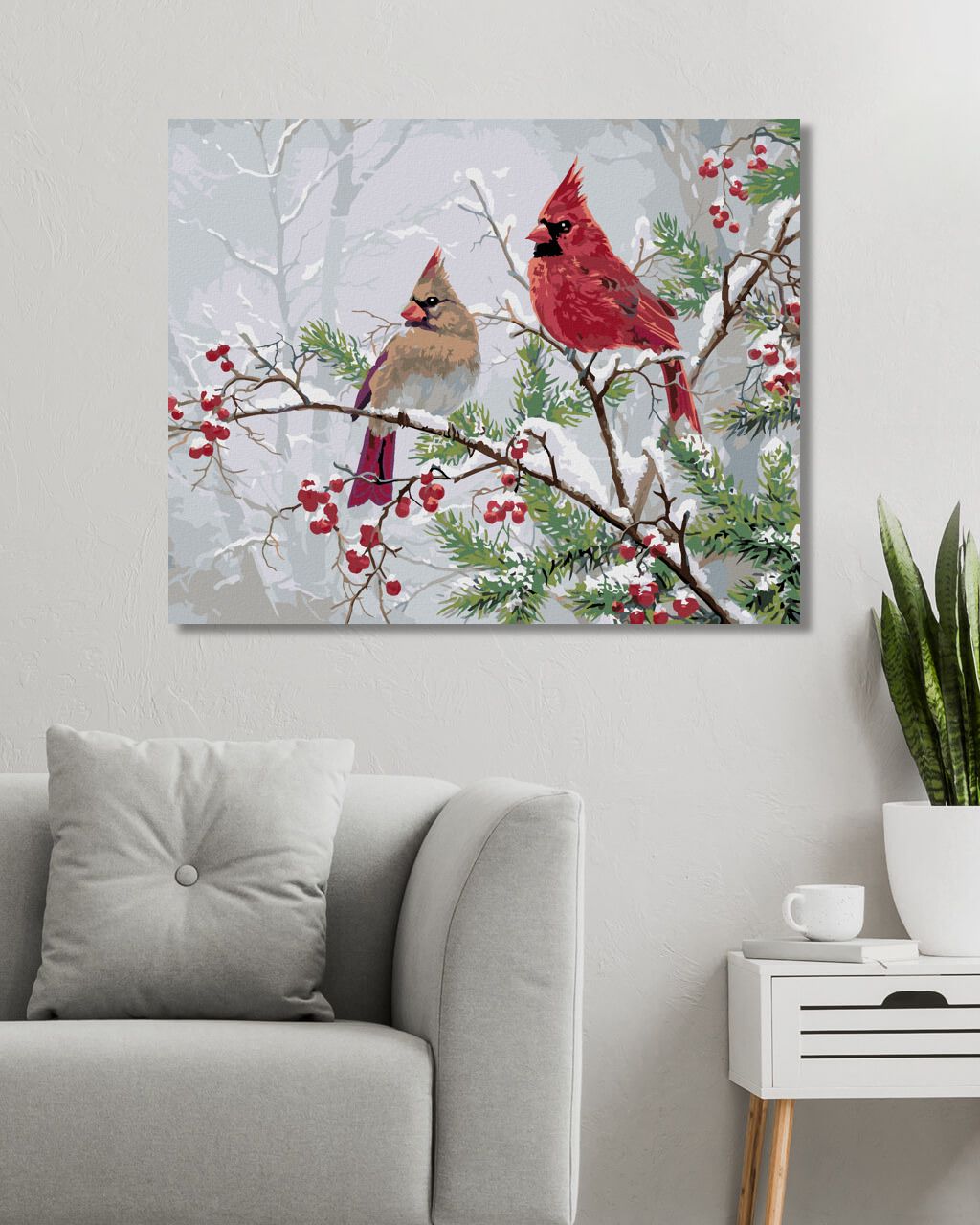 zuty Malování podle čísel - PTÁK KARDINÁL NA VĚTVI A ČERVENÉ PLODY (ABRAHAM HUNTER) - Rozměr: 40x50 cm, Rámování: Varianta: bez rámu a bez vypnutí plátna - obrázek 4