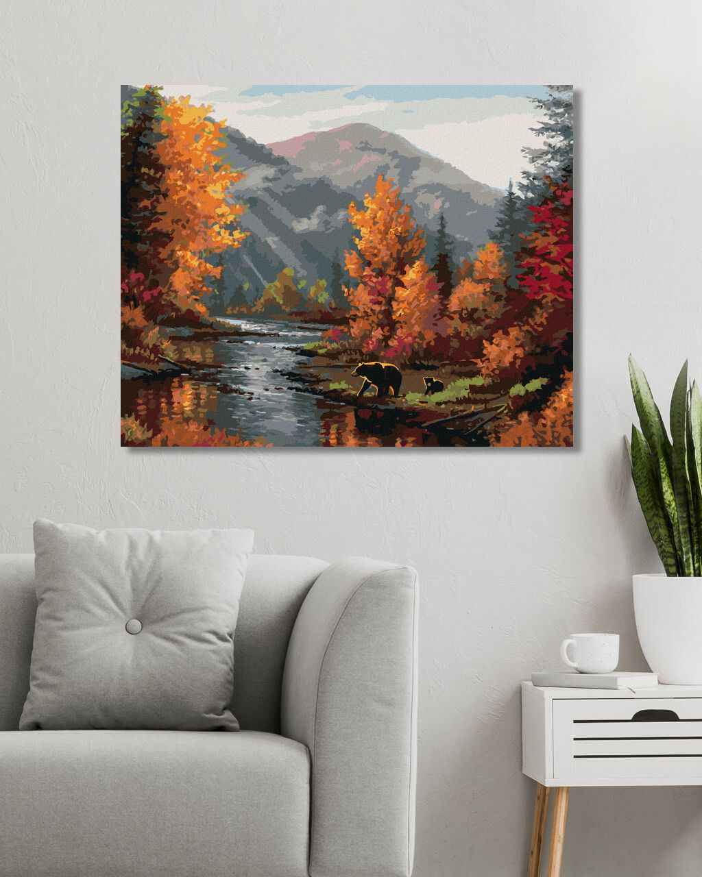 zuty Malování podle čísel - MEDVĚD U ŘEKY, HORY A PODZIMNÍ STROMY (ABRAHAM HUNTER) - Rozměr: 40x50 cm, Rámování: Varianta: vypnuté plátno na rám - obrázek 6