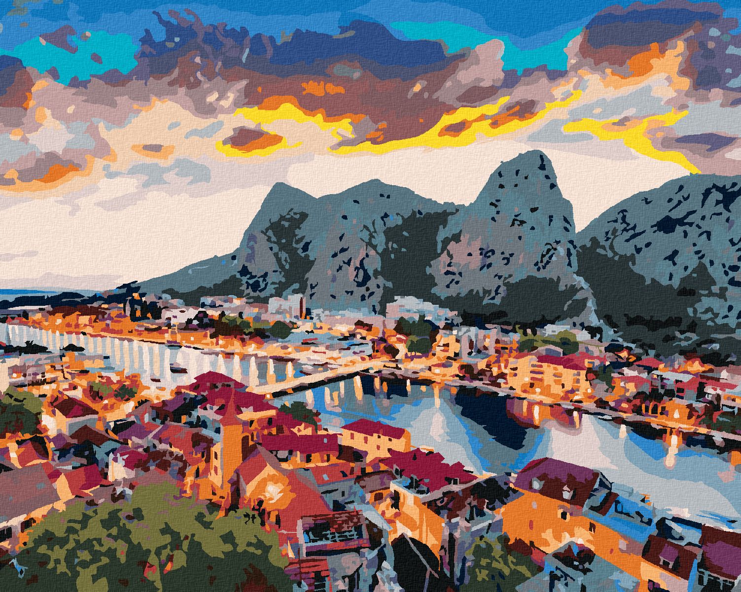 zuty Malování podle čísel - VEČERNÍ PANORAMA MĚSTA OMIŠ - Rozměr: 40x50 cm, Rámování: Varianta: vypnuté plátno na rám - obrázek 1