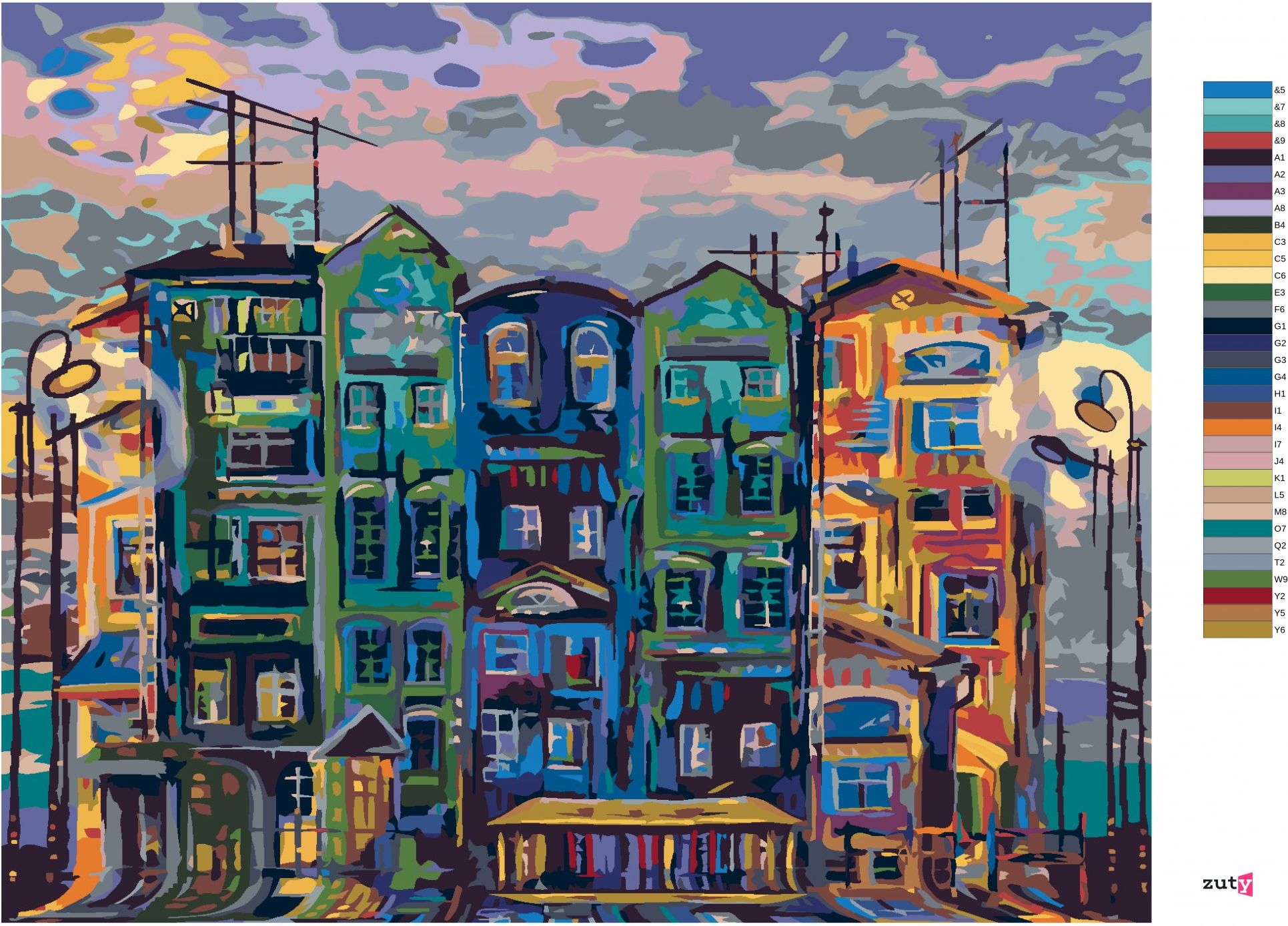 zuty Malování podle čísel - VYSOKÉ DOMY V AMSTERDAMU - Rozměr: 40x50 cm, Rámování: Varianta: vypnuté plátno na rám - obrázek 2