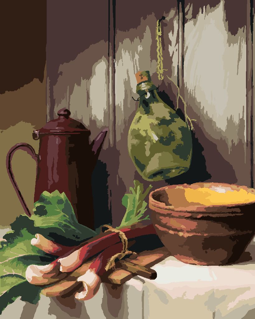 zuty Malování podle čísel - ZÁTIŠÍ REBARBORA, KONVICE, MÍSA A SKLENĚNÁ LÁHEV (PIETER WAGEMANS) - Rozměr: 40x50 cm, Rámování: Varianta: bez rámu a bez vypnutí plátna - obrázek 5