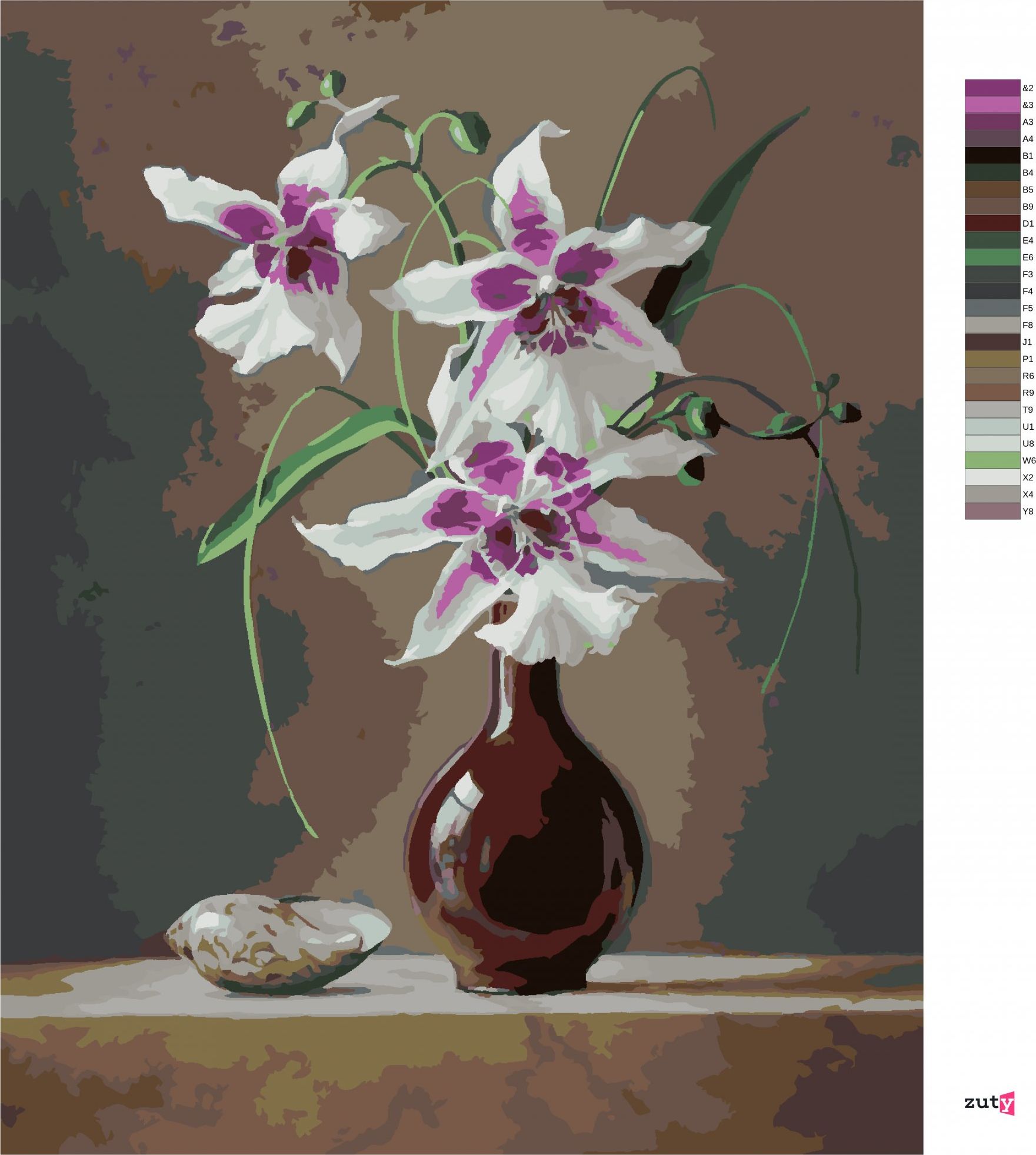 zuty Malování podle čísel - ZÁTIŠÍ ORCHIDEJ V ČERVENÉ VÁZE A MUŠLE (PIETER WAGEMANS) - Rozměr: 40x50 cm, Rámování: Varianta: vypnuté plátno na rám - obrázek 3