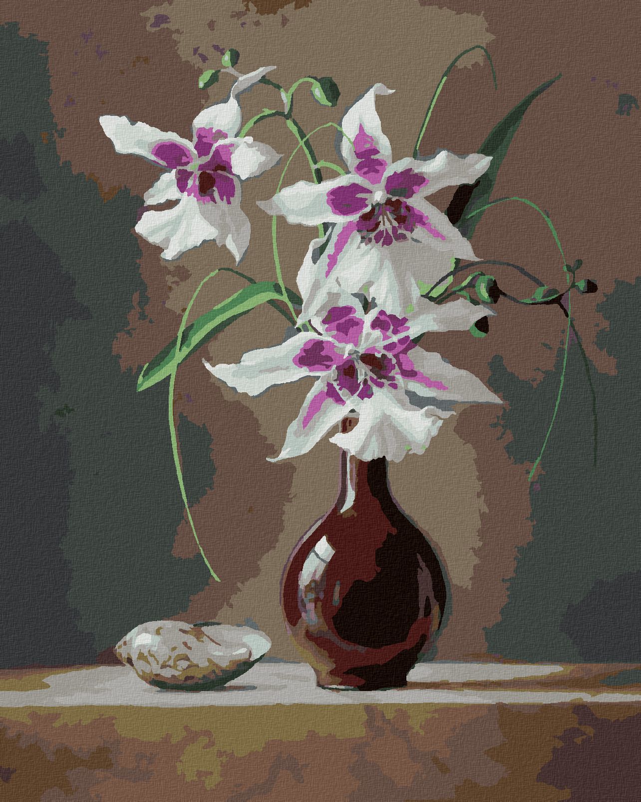 zuty Malování podle čísel - ZÁTIŠÍ ORCHIDEJ V ČERVENÉ VÁZE A MUŠLE (PIETER WAGEMANS) - Rozměr: 40x50 cm, Rámování: Varianta: bez rámu a bez vypnutí plátna - obrázek 1