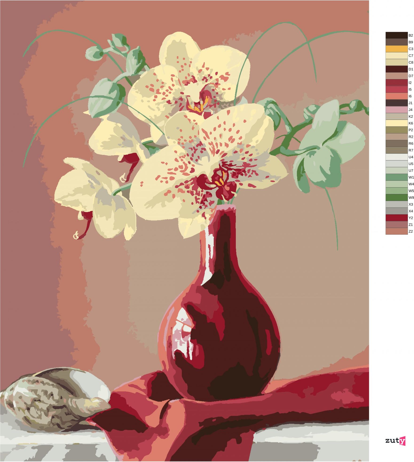 zuty Malování podle čísel - ZÁTIŠÍ ORCHIDEJ V ČERVENÉ VÁZE A MUŠLE (PIETER WAGEMANS) - Rozměr: 40x50 cm, Rámování: Varianta: bez rámu a bez vypnutí plátna - obrázek 17