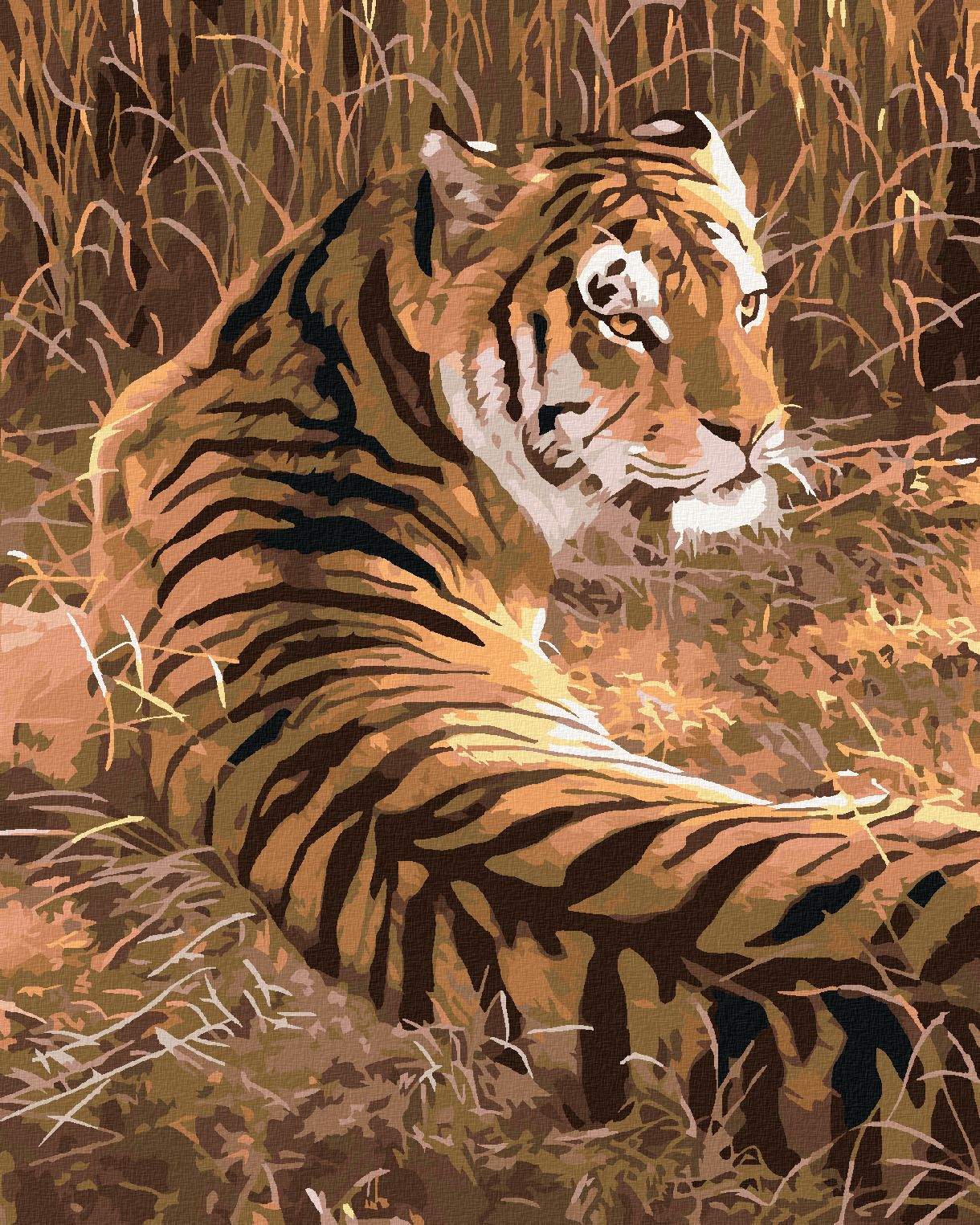zuty Malování podle čísel - TYGR LEŽÍCÍ V TRÁVĚ (AL AGNEW) - Rozměr: 40x50 cm, Rámování: Varianta: bez rámu a bez vypnutí plátna - obrázek 1