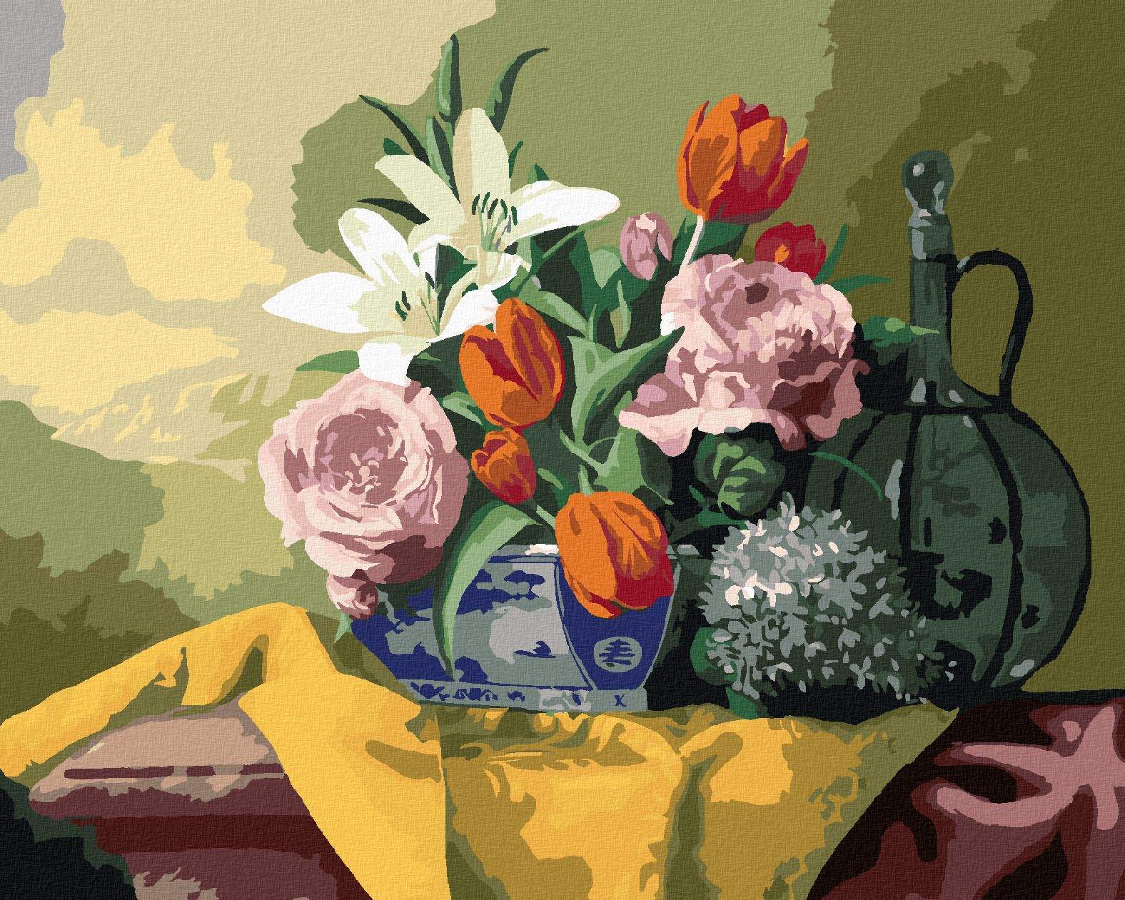 zuty Malování podle čísel - ZÁTIŠÍ TULIPÁNY, LILIE, HORTENZIE A RŮŽE NA ŽLUTÉM UBRUSU (PIETER WAGEMANS) - Rozměr: 40x50 cm, Rámování: Varianta: bez rámu a bez vypnutí plátna - obrázek 1