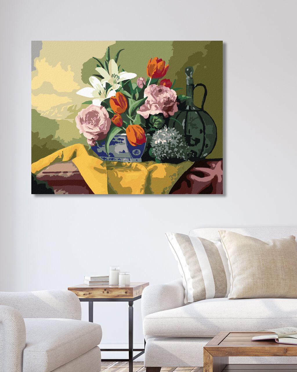zuty Malování podle čísel - ZÁTIŠÍ TULIPÁNY, LILIE, HORTENZIE A RŮŽE NA ŽLUTÉM UBRUSU (PIETER WAGEMANS) - Rozměr: 40x50 cm, Rámování: Varianta: bez rámu a bez vypnutí plátna - obrázek 2