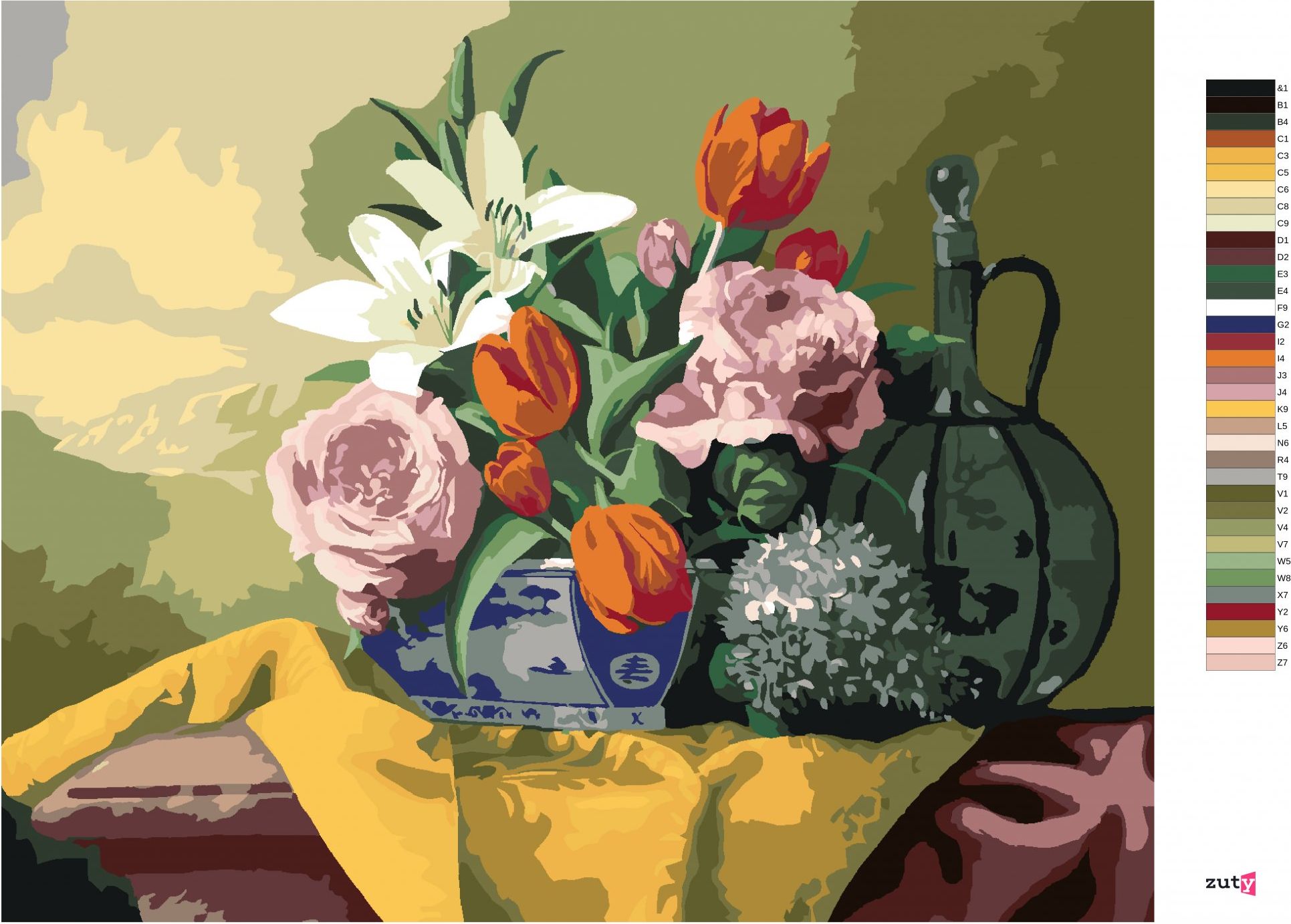 zuty Malování podle čísel - ZÁTIŠÍ TULIPÁNY, LILIE, HORTENZIE A RŮŽE NA ŽLUTÉM UBRUSU (PIETER WAGEMANS) - Rozměr: 40x50 cm, Rámování: Varianta: bez rámu a bez vypnutí plátna - obrázek 8