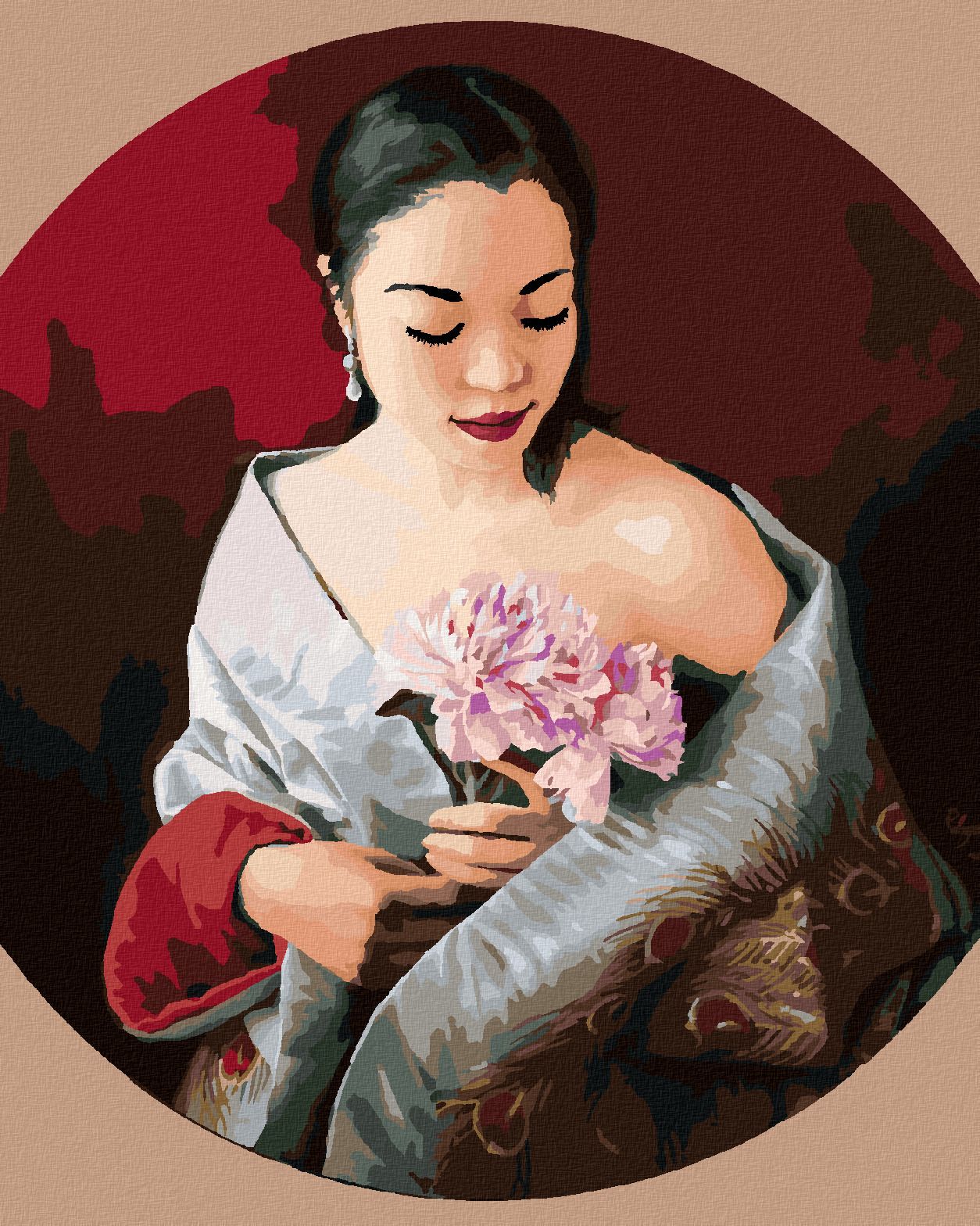 zuty Malování podle čísel - ŽENA V PŘEHOZU S PAVÍM VZOREM A KVĚTINA (PIETER WAGEMANS) - Rozměr: 40x50 cm, Rámování: Varianta: bez rámu a bez vypnutí plátna - obrázek 1