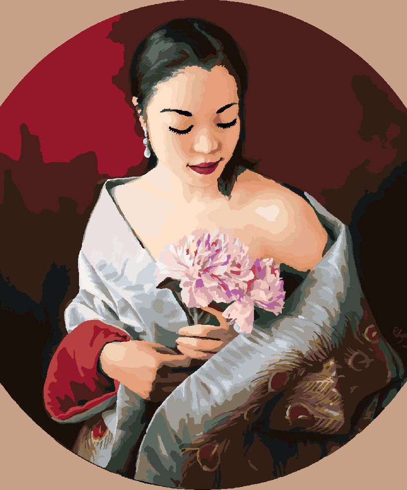 zuty Malování podle čísel - ŽENA V PŘEHOZU S PAVÍM VZOREM A KVĚTINA (PIETER WAGEMANS) - Rozměr: 40x50 cm, Rámování: Varianta: bez rámu a bez vypnutí plátna - obrázek 4