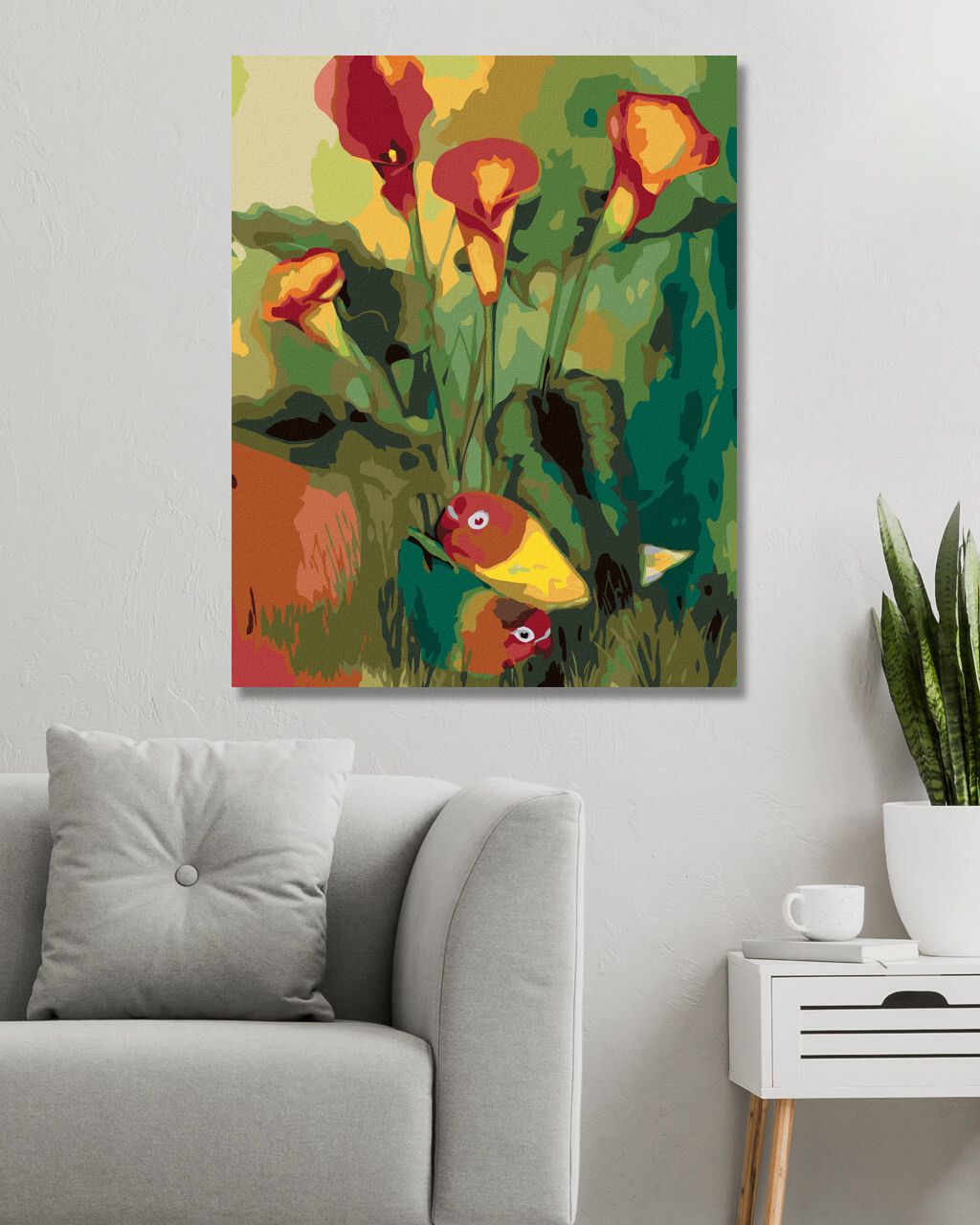 zuty Malování podle čísel - PAPOUŠEK AGAPORNIS A ČERVENÉ KVĚTINY (CAROL CAVALARIS) - Rozměr: 40x50 cm, Rámování: Varianta: bez rámu a bez vypnutí plátna - obrázek 6