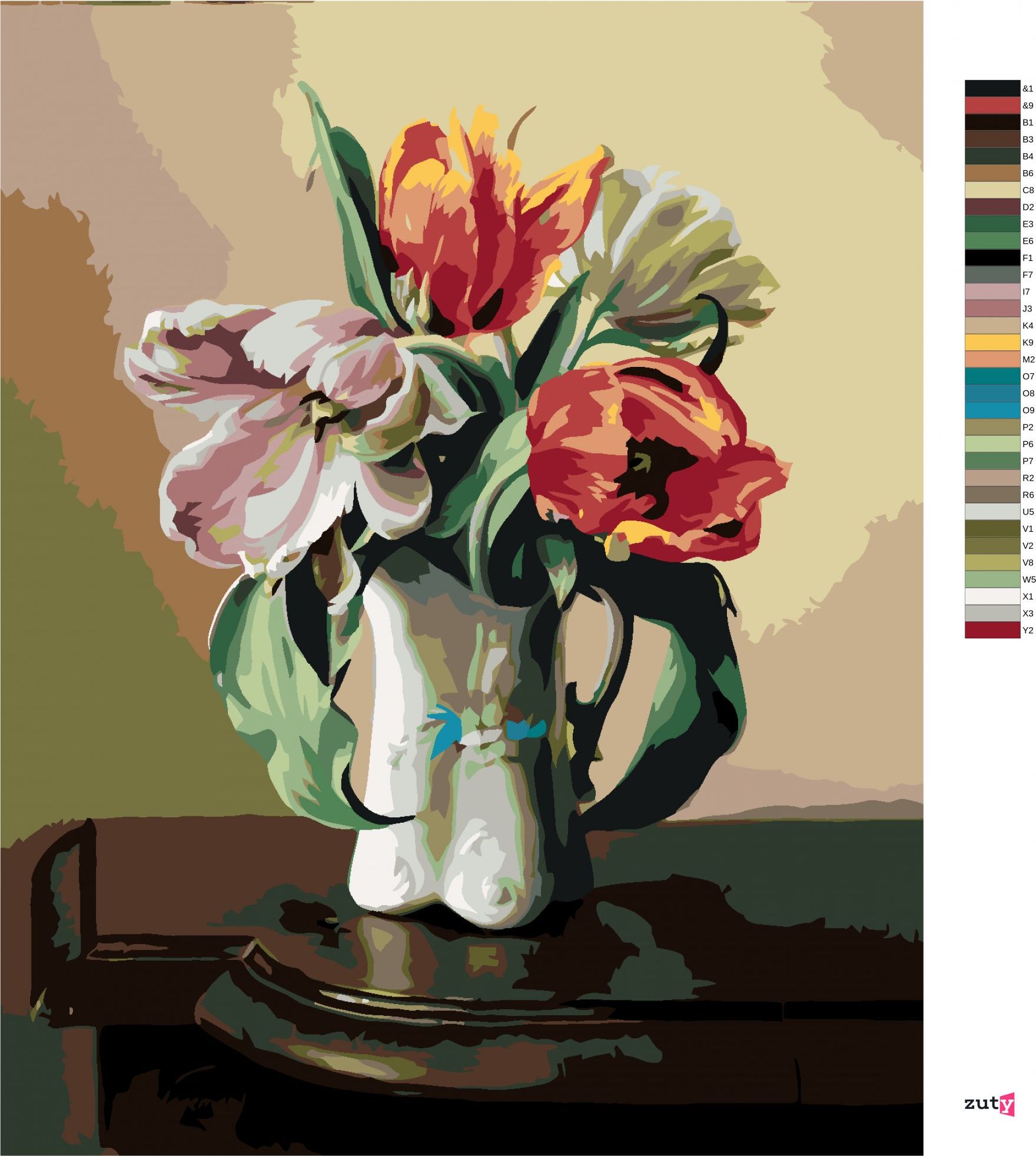 zuty Malování podle čísel - ZÁTIŠÍ TULIPÁNY V PORCELÁNOVÉ VÁZE NA STOLE (PIETER WAGEMANS) - Rozměr: 40x50 cm, Rámování: Varianta: bez rámu a bez vypnutí plátna - obrázek 8