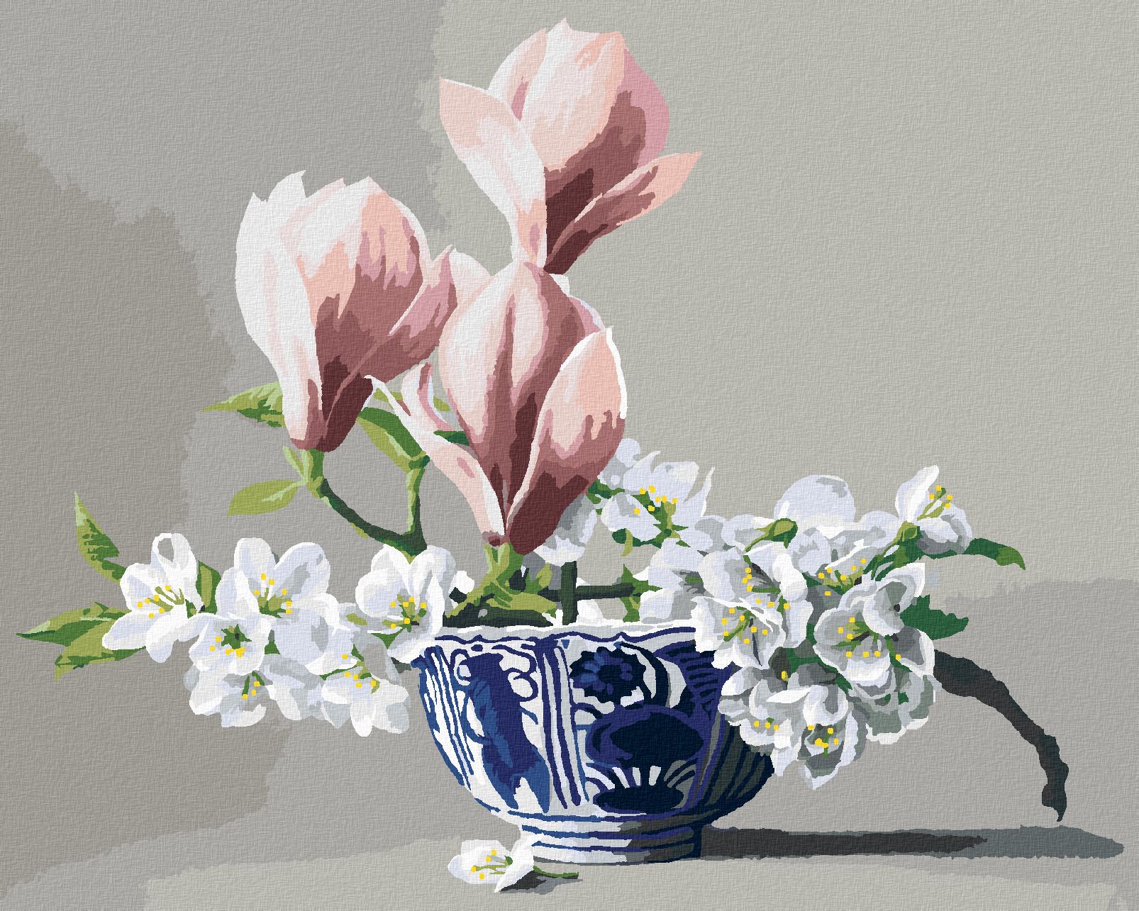 zuty Malování podle čísel - ZÁTIŠÍ KVĚTY JABLONĚ A MAGNOLIE V PORCELÁNOVÉ MÍSE (PIETER WAGEMANS) - Rozměr: 40x50 cm, Rámování: Varianta: vypnuté plátno na rám - obrázek 1