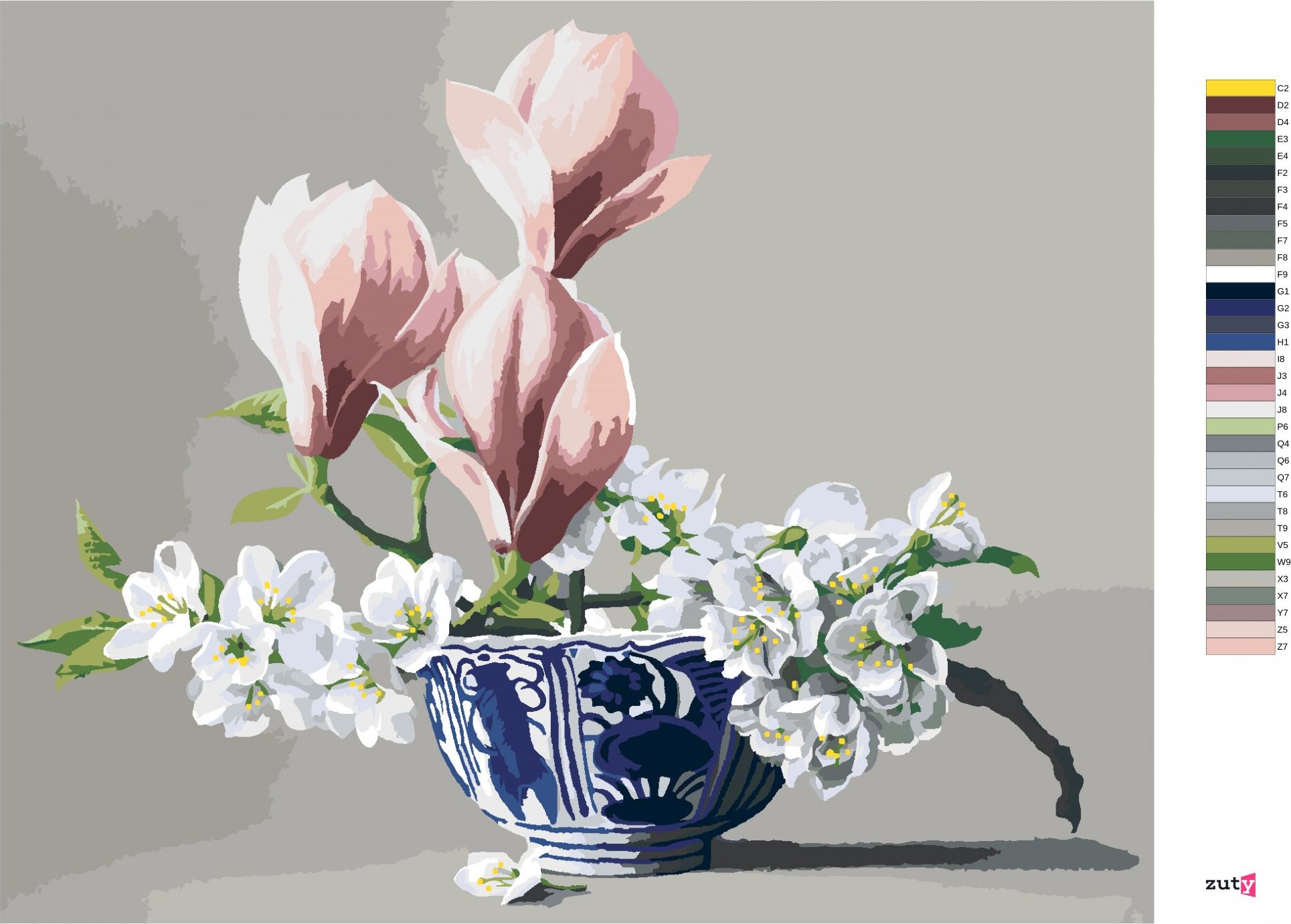 zuty Malování podle čísel - ZÁTIŠÍ KVĚTY JABLONĚ A MAGNOLIE V PORCELÁNOVÉ MÍSE (PIETER WAGEMANS) - Rozměr: 40x50 cm, Rámování: Varianta: vypnuté plátno na rám - obrázek 3
