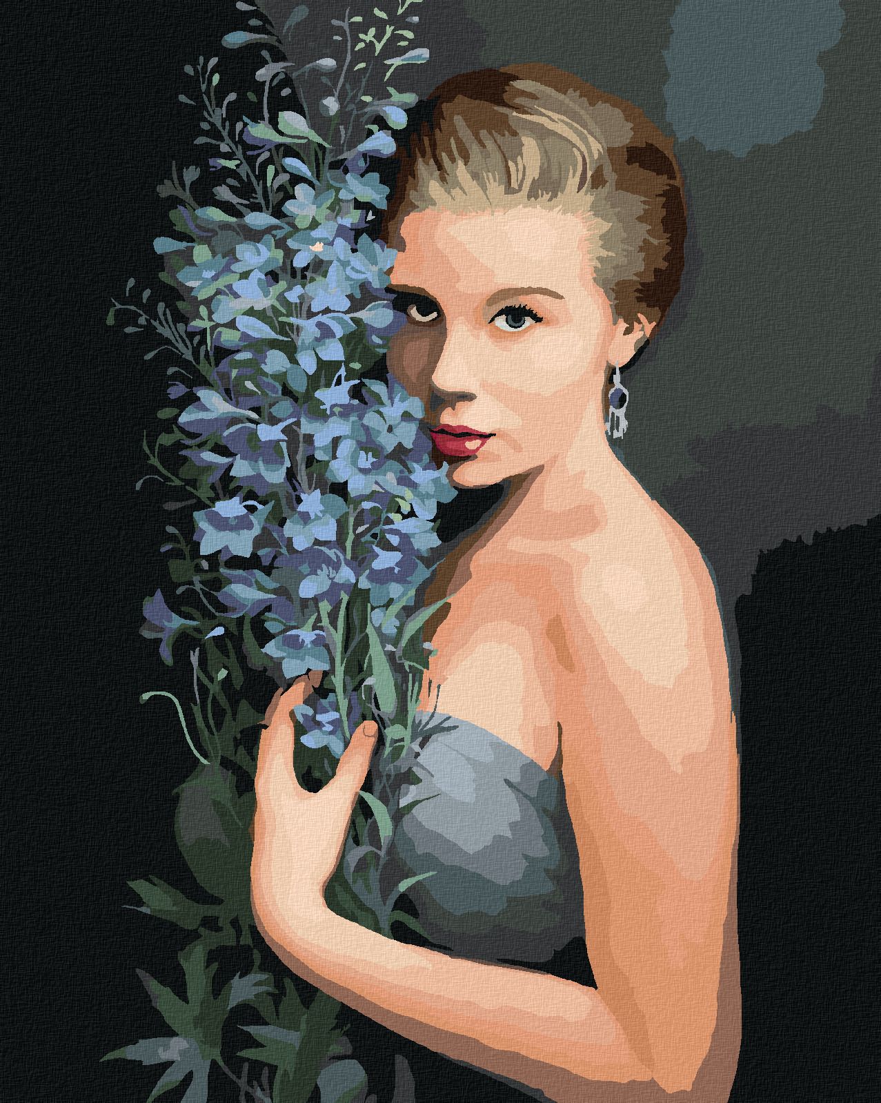 zuty Malování podle čísel - BLONĎATÁ ŽENA A MODRÉ KVĚTINY (PIETER WAGEMANS) - Rozměr: 40x50 cm, Rámování: Varianta: vypnuté plátno na rám - obrázek 1