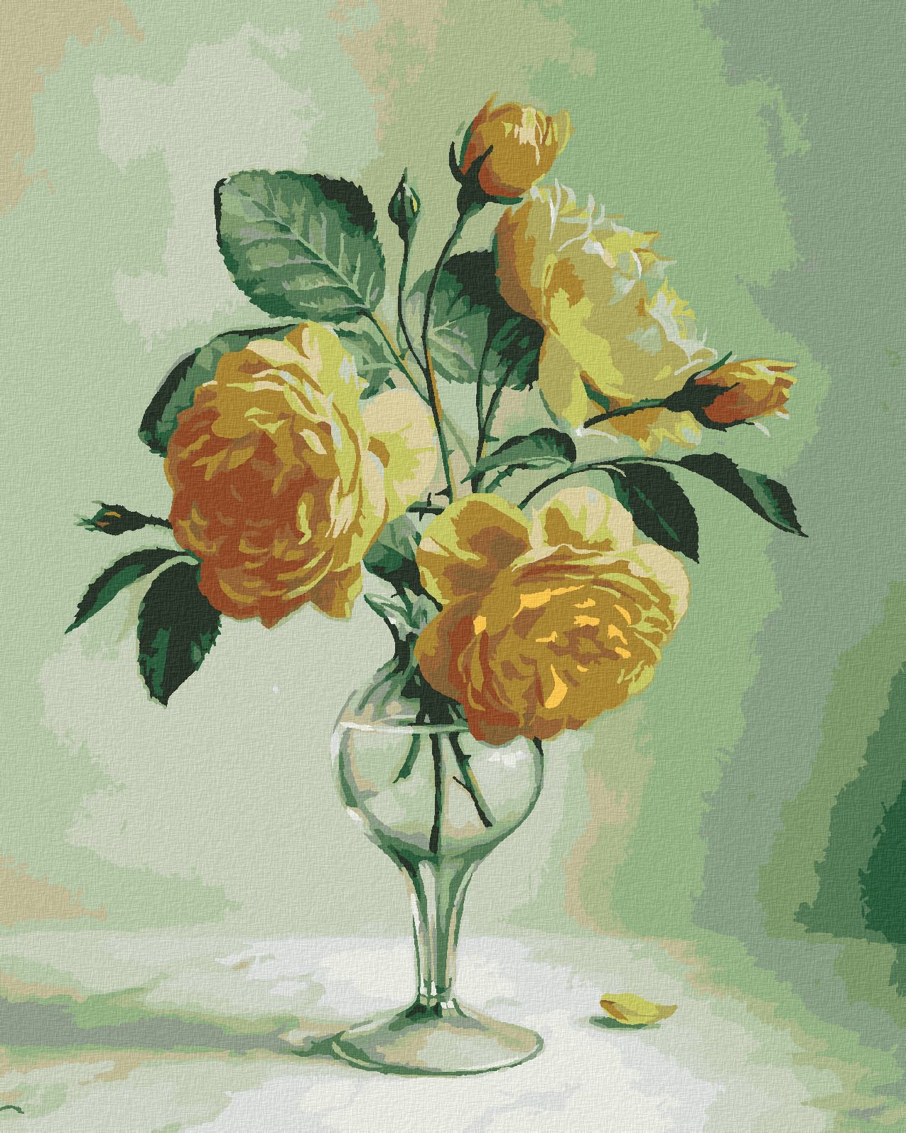 zuty Malování podle čísel - ZÁTIŠÍ ŽLUTÉ RŮŽE VE SKLENĚNÉ VÁZE (PIETER WAGEMANS) - Rozměr: 40x50 cm, Rámování: Varianta: bez rámu a bez vypnutí plátna - obrázek 1