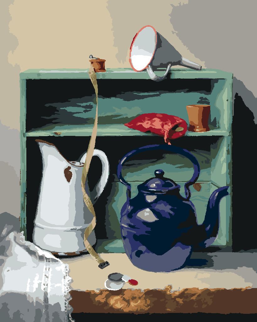 zuty Malování podle čísel - ZÁTIŠÍ KONVICE, KREJČOVSKÝ METR A SKŘÍŇ (PIETER WAGEMANS) - Rozměr: 40x50 cm, Rámování: Varianta: bez rámu a bez vypnutí plátna - obrázek 7