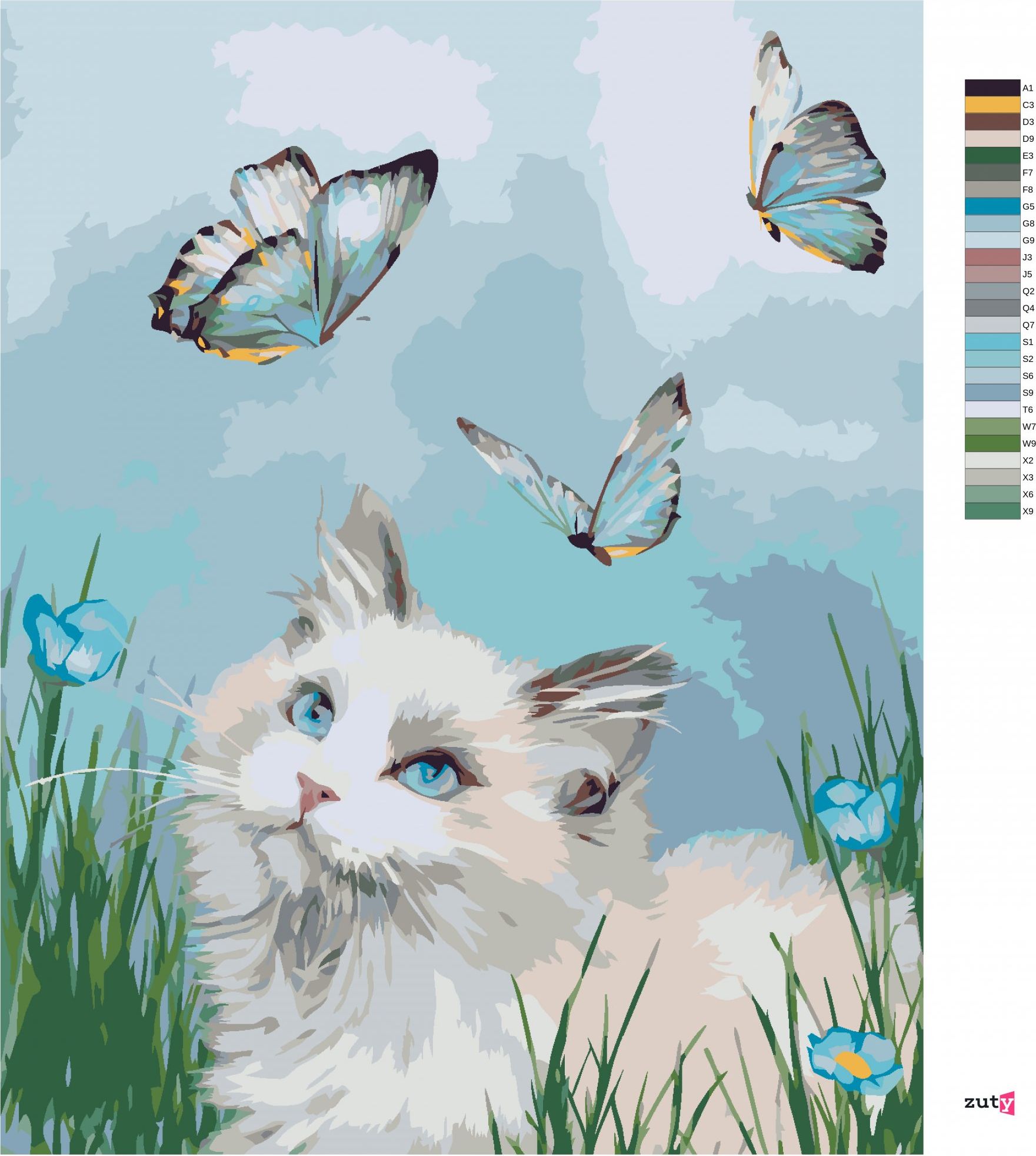 zuty Malování podle čísel – KOČKA A MOTÝLI (CAROL CAVALARIS) - Rozměr: 40x50 cm, Rámování: Varianta: vypnuté plátno na rám - obrázek 2