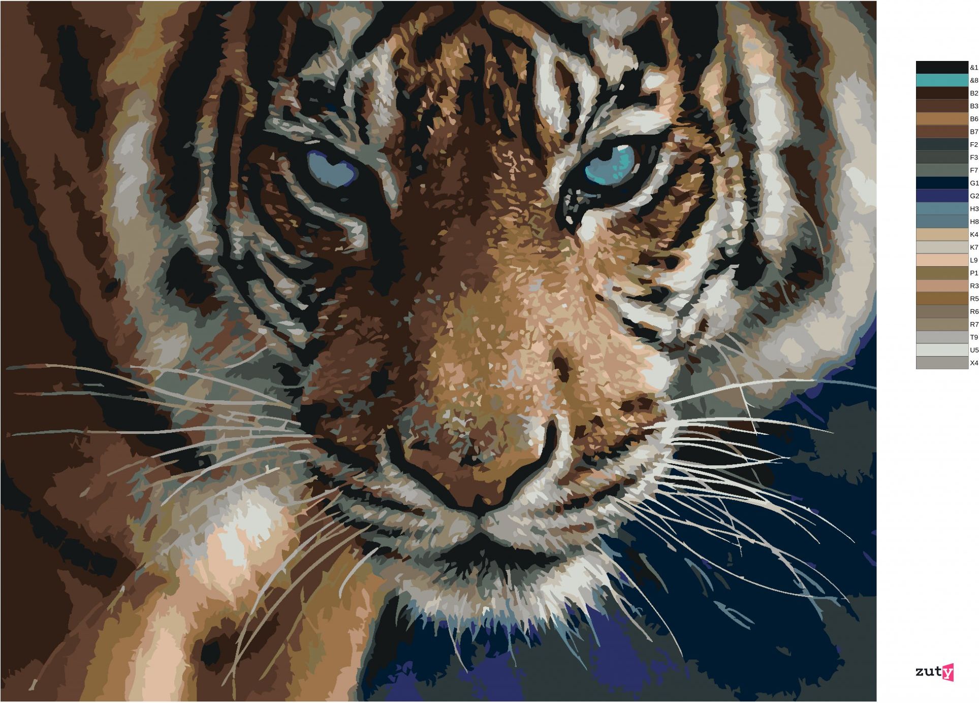 zuty Malování podle čísel – TYGR A MODRÉ OČI (COLLIN BOGLE) - Rozměr: 40x50 cm, Rámování: Varianta: bez rámu a bez vypnutí plátna - obrázek 7