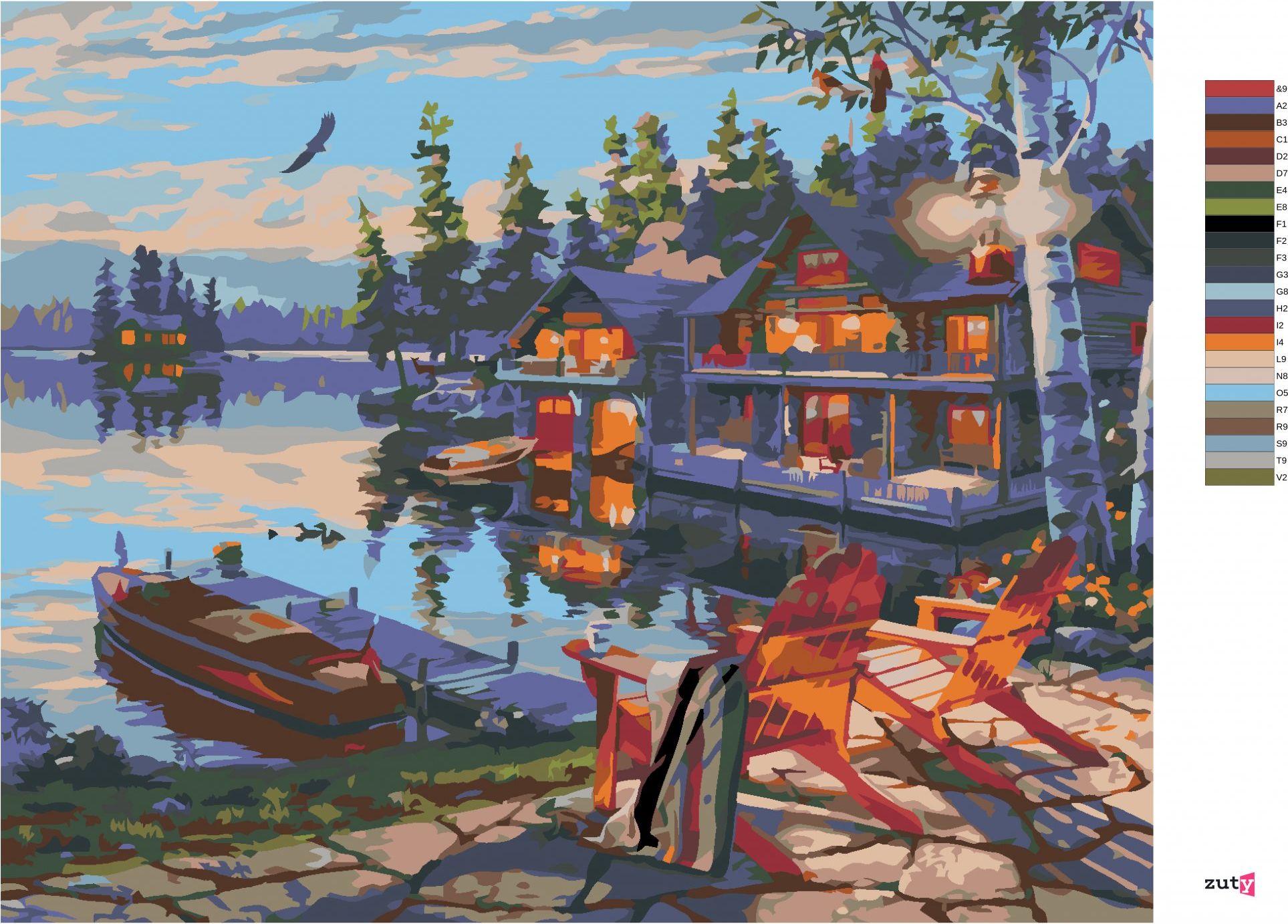 zuty Malování podle čísel - LOĎ U MOLA, CHATA A JEZERO (DARRELL BUSH) - Rozměr: 40x50 cm, Rámování: Varianta: bez rámu a bez vypnutí plátna - obrázek 2