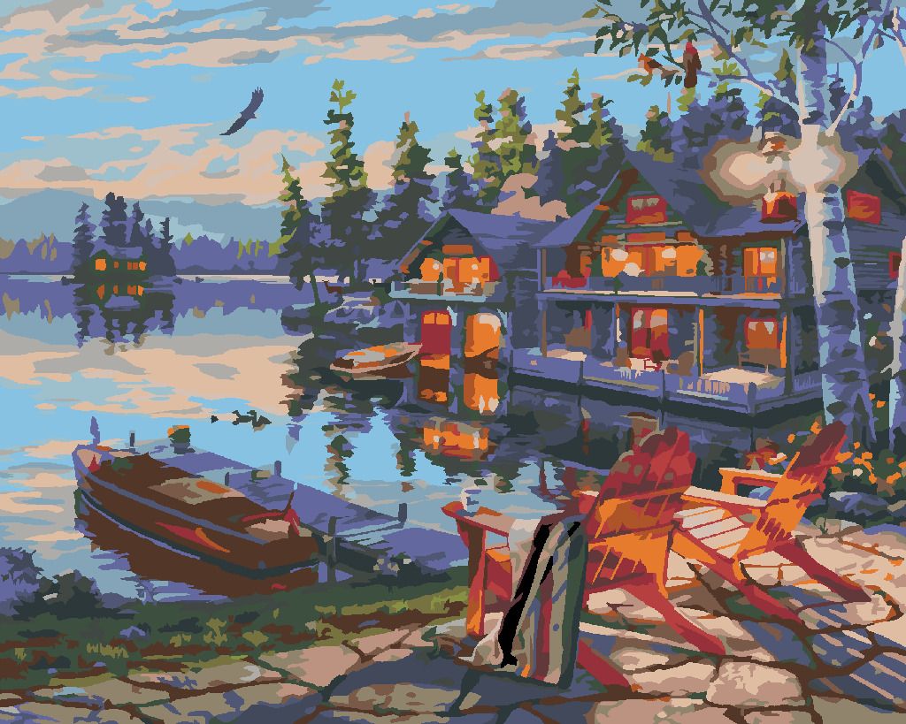 zuty Malování podle čísel - LOĎ U MOLA, CHATA A JEZERO (DARRELL BUSH) - Rozměr: 40x50 cm, Rámování: Varianta: bez rámu a bez vypnutí plátna - obrázek 6