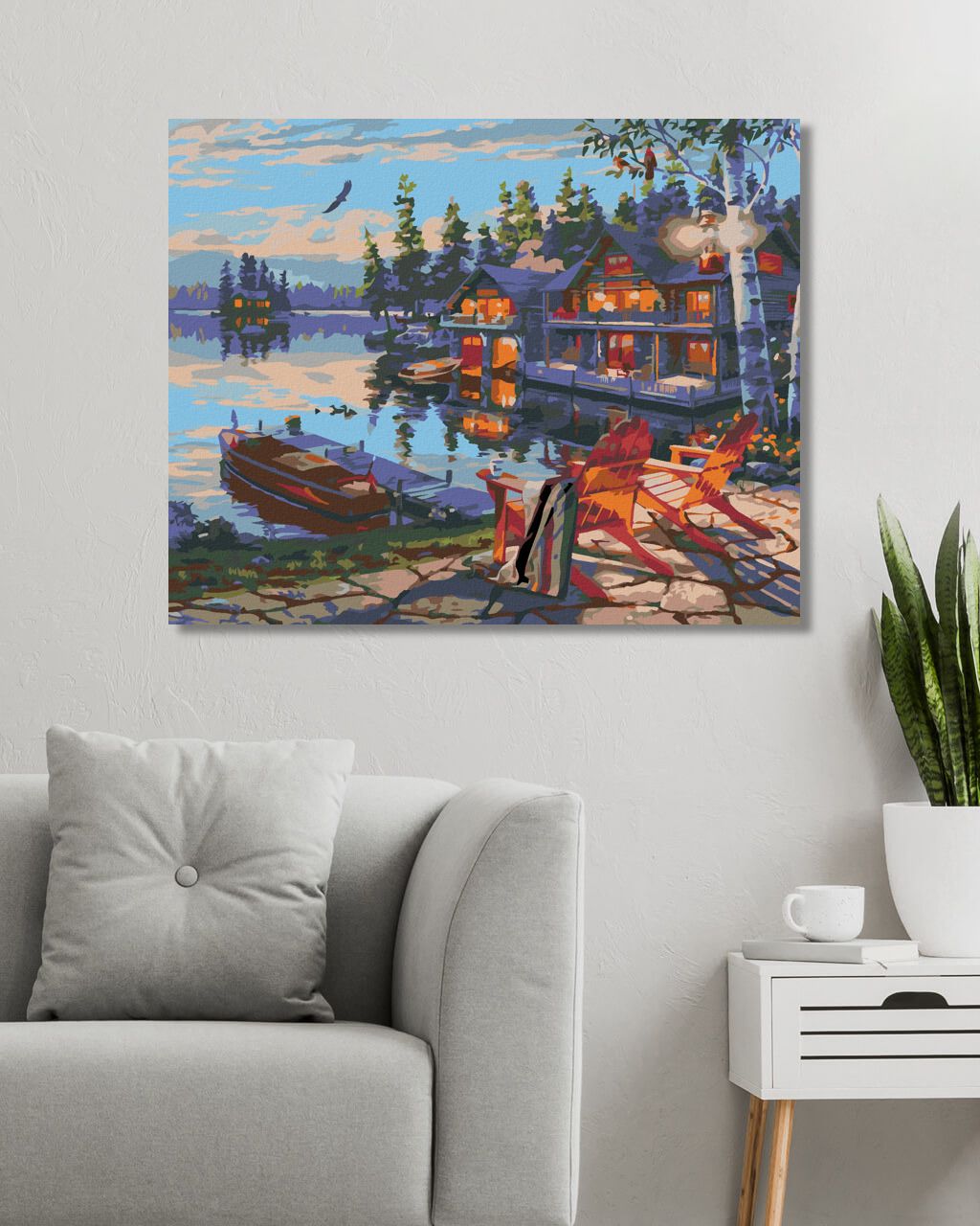 zuty Malování podle čísel - LOĎ U MOLA, CHATA A JEZERO (DARRELL BUSH) - Rozměr: 40x50 cm, Rámování: Varianta: bez rámu a bez vypnutí plátna - obrázek 9
