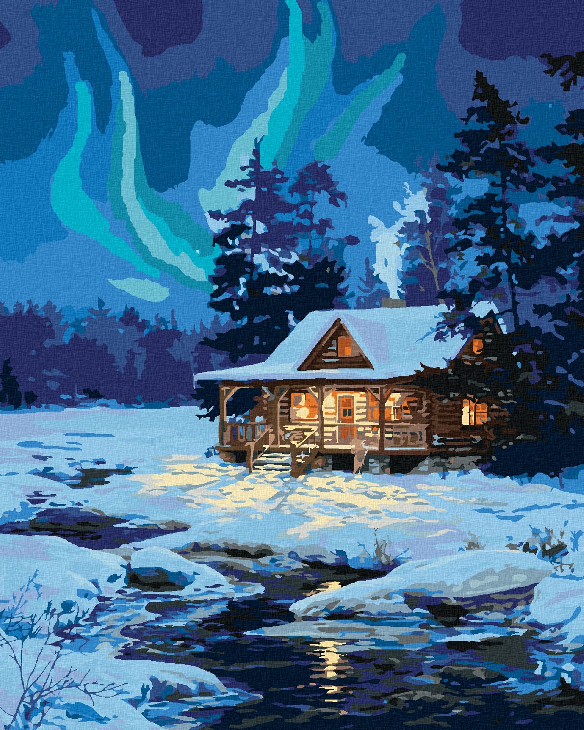 zuty Malování podle čísel - ZASNĚŽENÁ CHATA U ŘEKY A POLÁRNÍ ZÁŘE (DARRELL BUSH) - Rozměr: 40x50 cm, Rámování: Varianta: vypnuté plátno na rám - obrázek 1