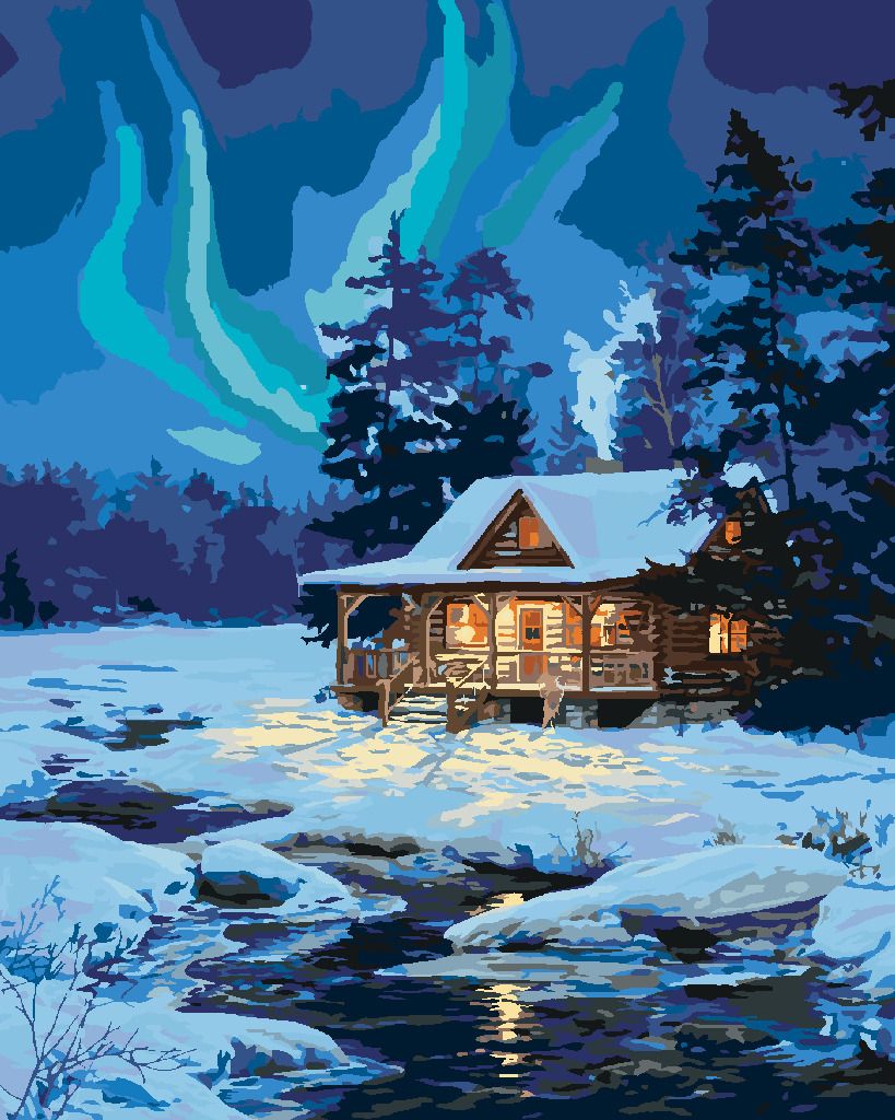 zuty Malování podle čísel - ZASNĚŽENÁ CHATA U ŘEKY A POLÁRNÍ ZÁŘE (DARRELL BUSH) - Rozměr: 40x50 cm, Rámování: Varianta: vypnuté plátno na rám - obrázek 2