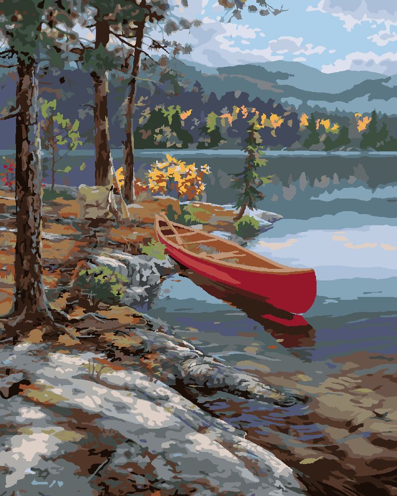 zuty Malování podle čísel - KANOE U JEZERA (DARRELL BUSH) - Rozměr: 40x50 cm, Rámování: Varianta: vypnuté plátno na rám - obrázek 3