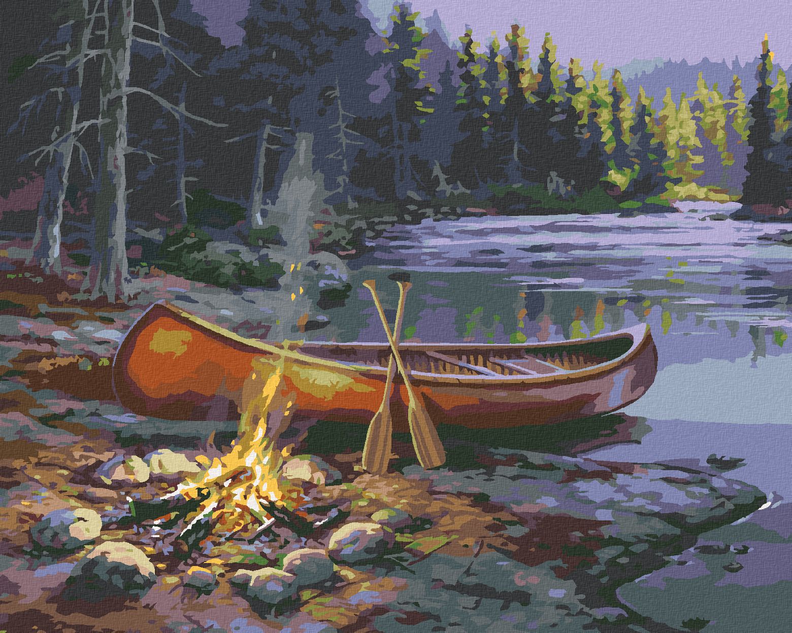 zuty Malování podle čísel - ČERVENÁ KANOE U JEZERA A TÁBORÁK (DARRELL BUSH) - Rozměr: 40x50 cm, Rámování: Varianta: bez rámu a bez vypnutí plátna - obrázek 1