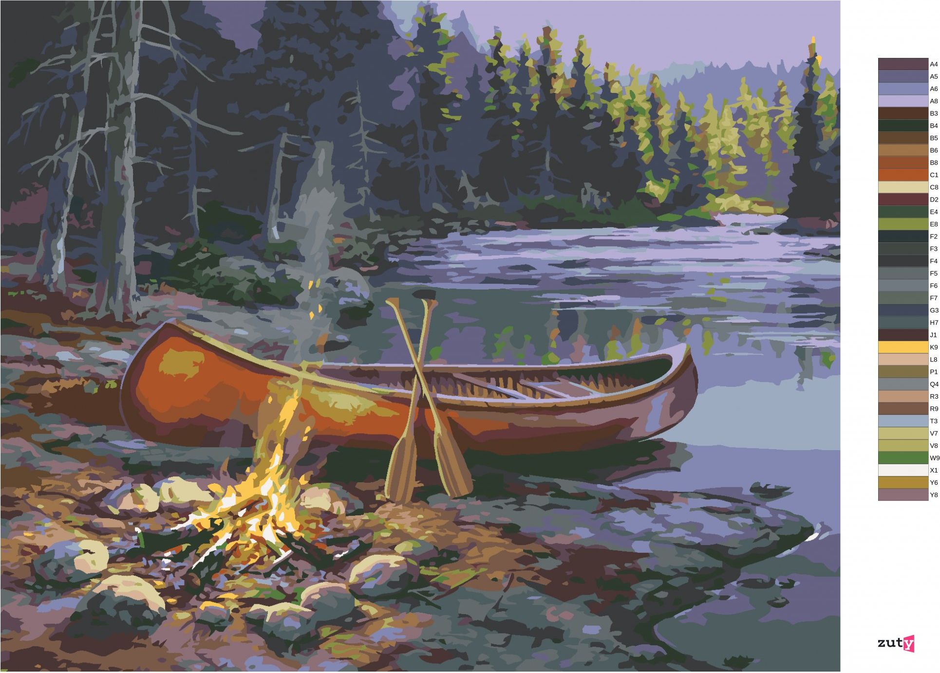 zuty Malování podle čísel - ČERVENÁ KANOE U JEZERA A TÁBORÁK (DARRELL BUSH) - Rozměr: 40x50 cm, Rámování: Varianta: bez rámu a bez vypnutí plátna - obrázek 4