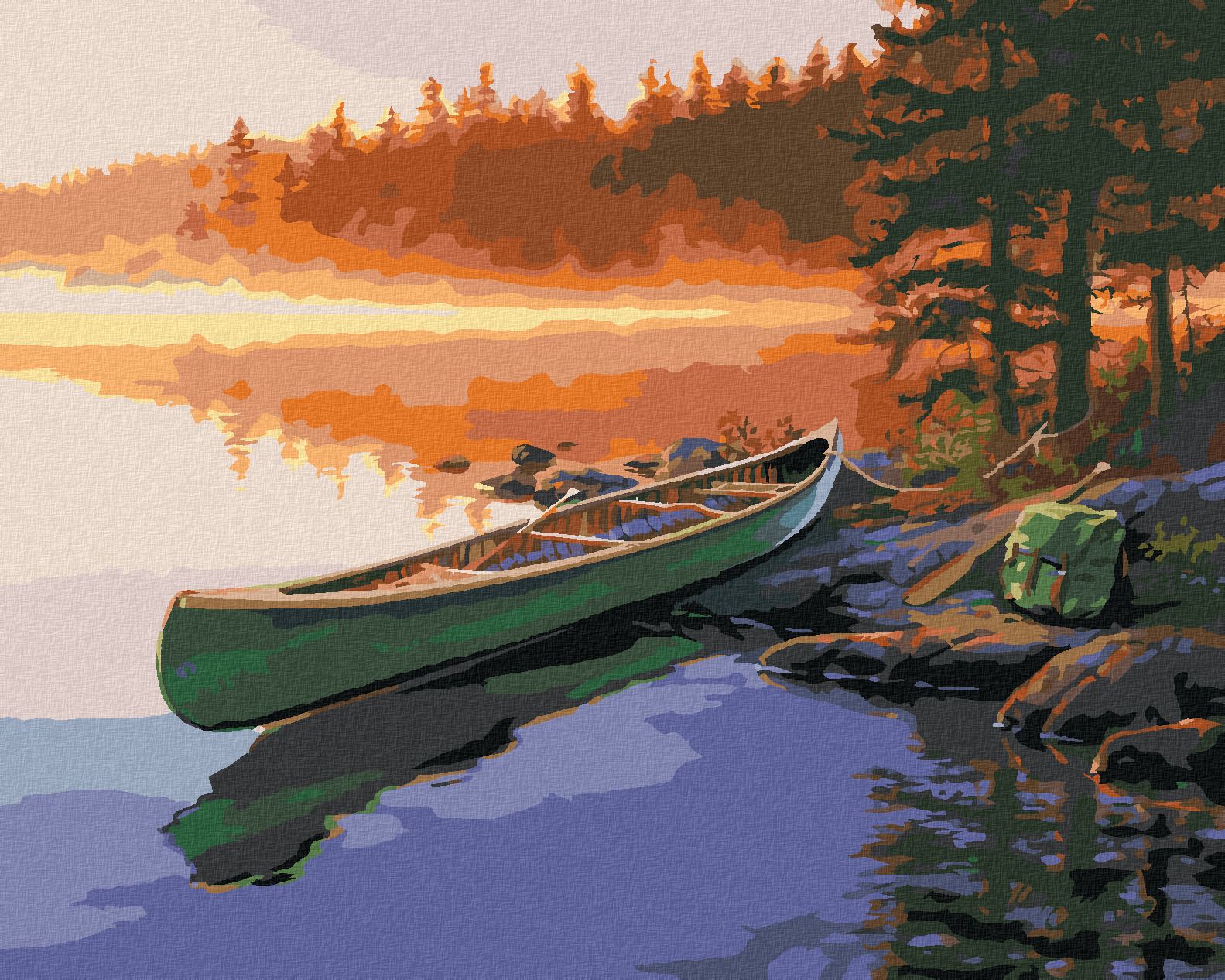 zuty Malování podle čísel - ZELENÁ KANOE U JEZERA (DARRELL BUSH) - Rozměr: 40x50 cm, Rámování: Varianta: vypnuté plátno na rám - obrázek 1