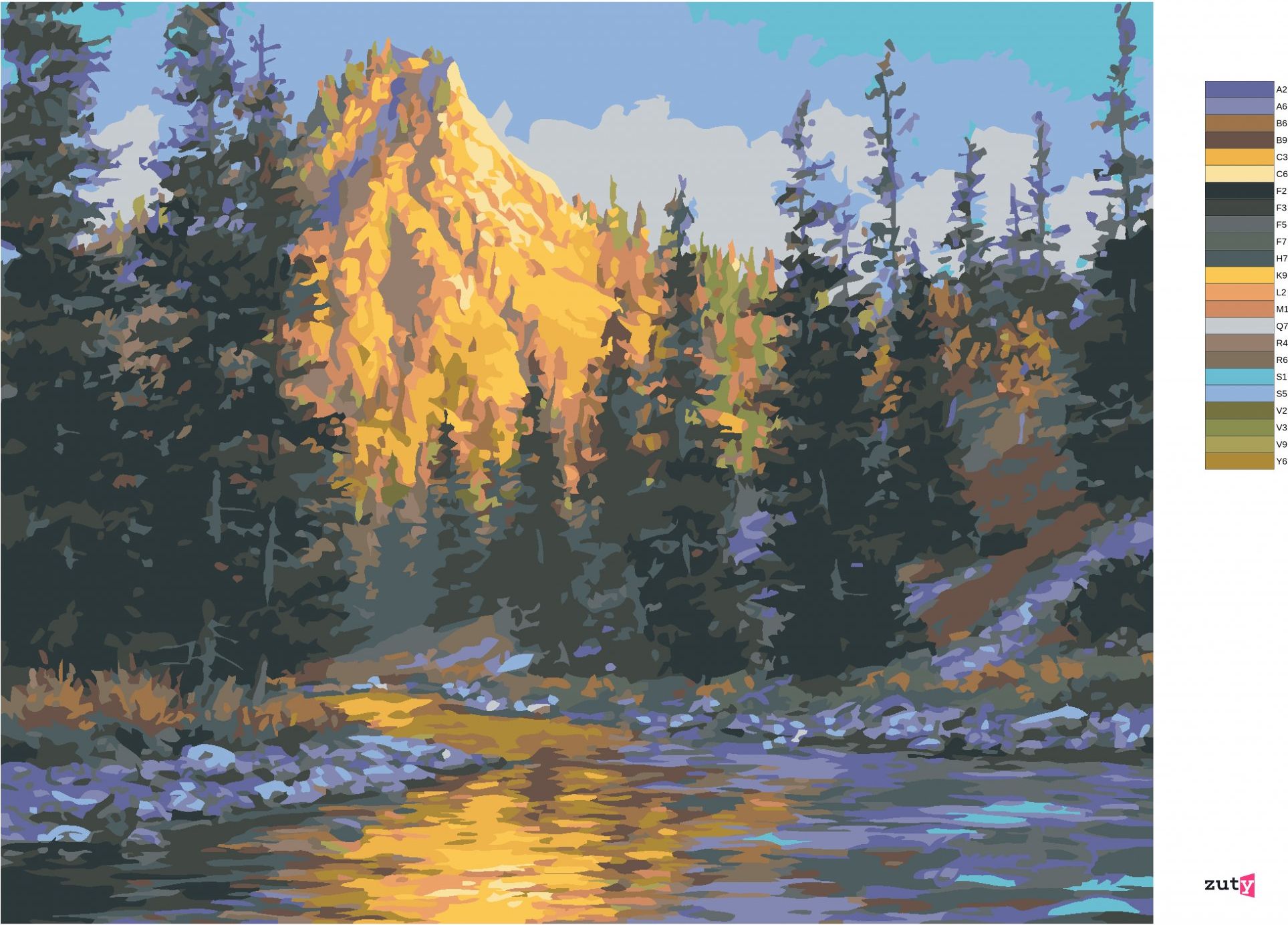 zuty Malování podle čísel - VÝCHOD SLUNCE, ŘEKA A HORY (DARRELL BUSH) - Rozměr: 40x50 cm, Rámování: Varianta: bez rámu a bez vypnutí plátna - obrázek 3