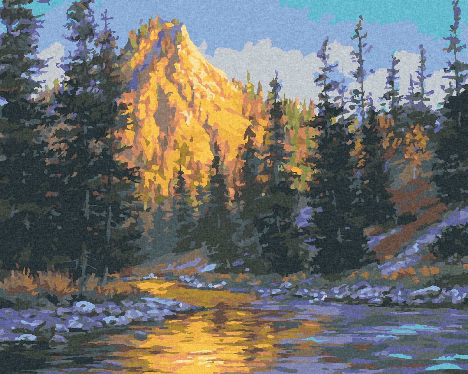 zuty Malování podle čísel - VÝCHOD SLUNCE, ŘEKA A HORY (DARRELL BUSH) - Rozměr: 40x50 cm, Rámování: Varianta: vypnuté plátno na rám - obrázek 1