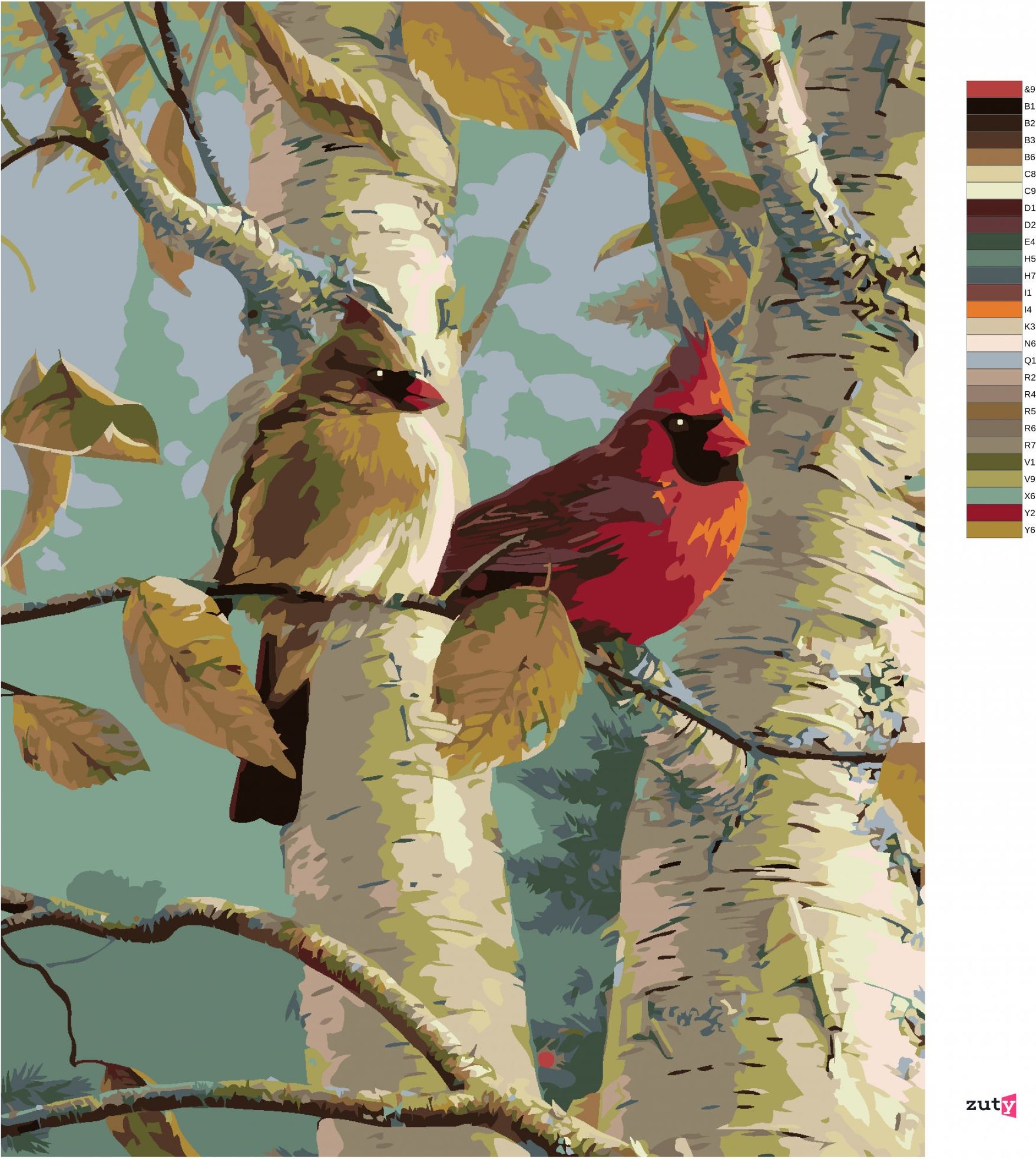 zuty Malování podle čísel – PTÁK KARDINÁL A BŘÍZA (JAMES HAUTMAN) - Rozměr: 40x50 cm, Rámování: Varianta: bez rámu a bez vypnutí plátna - obrázek 2
