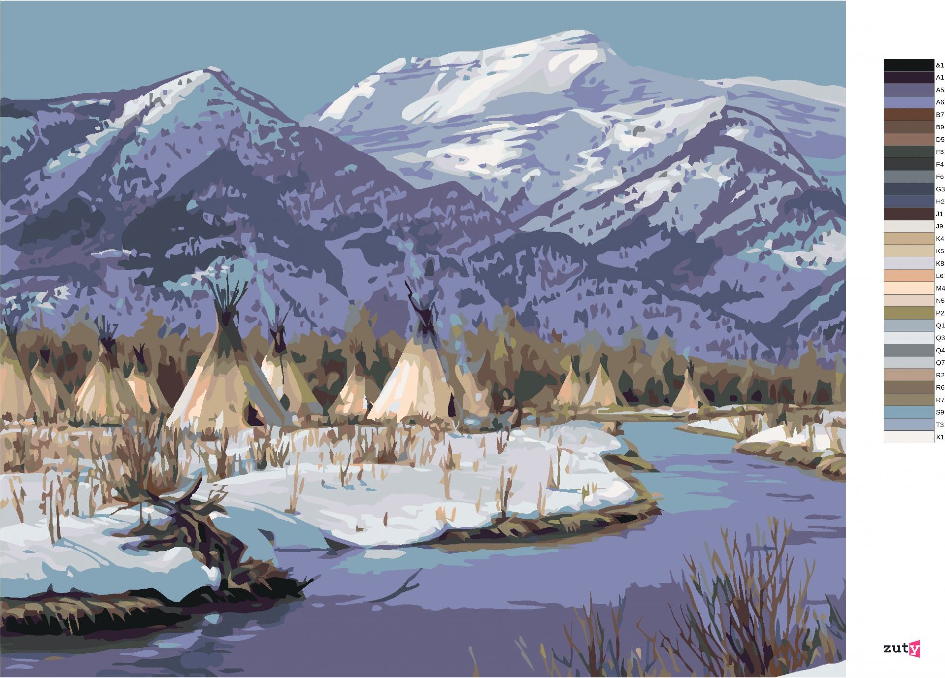 zuty Malování podle čísel – INDIÁNSKÁ VESNICE U ŘEKY A HORY (JAMES HAUTMAN) - Rozměr: 40x50 cm, Rámování: Varianta: vypnuté plátno na rám - obrázek 3
