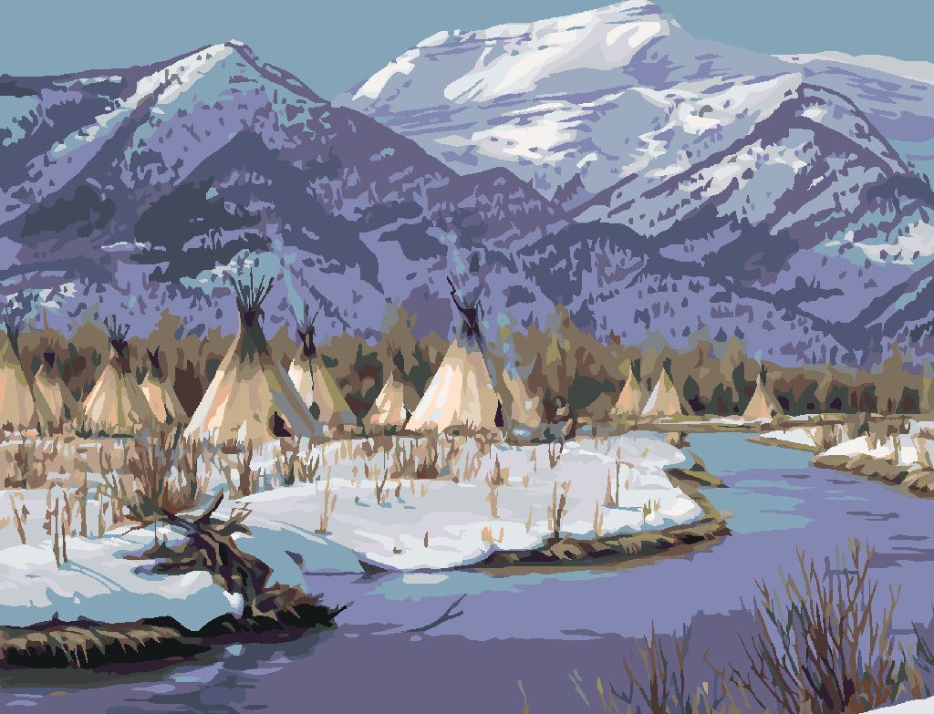 zuty Malování podle čísel – INDIÁNSKÁ VESNICE U ŘEKY A HORY (JAMES HAUTMAN) - Rozměr: 40x50 cm, Rámování: Varianta: vypnuté plátno na rám - obrázek 5