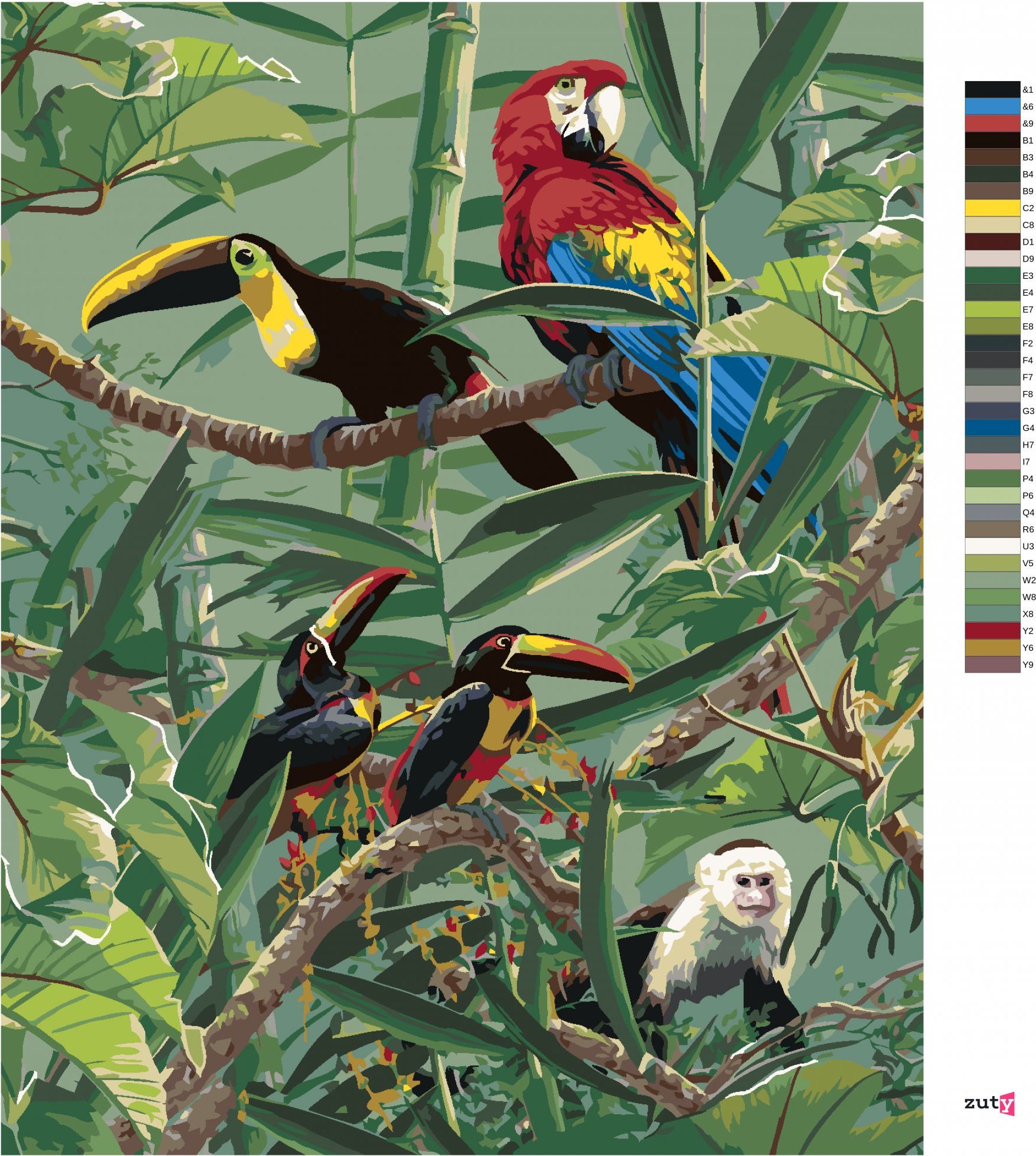 zuty Malování podle čísel – PAPOUŠEK ARA, TUKAN A OPICE V PRALESE (JAMES HAUTMAN) - Rozměr: 40x50 cm, Rámování: Varianta: vypnuté plátno na rám - obrázek 4