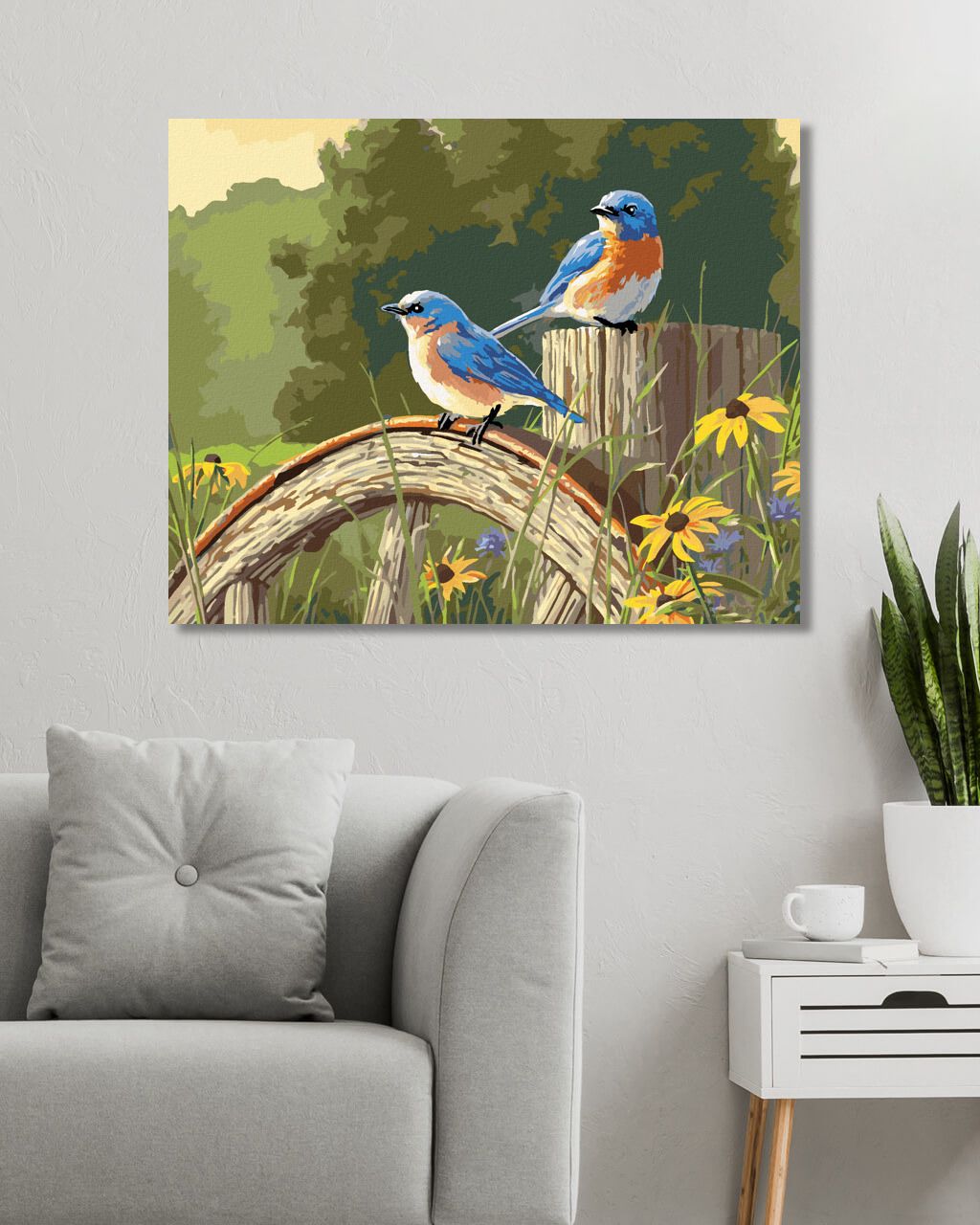 zuty Malování podle čísel - PTÁK SALAŠNÍK NA DŘEVNÉM KOLE A ZLUTÉ KVĚTINY (JAMES HAUTMAN) - Rozměr: 40x50 cm, Rámování: Varianta: bez rámu a bez vypnutí plátna - obrázek 5
