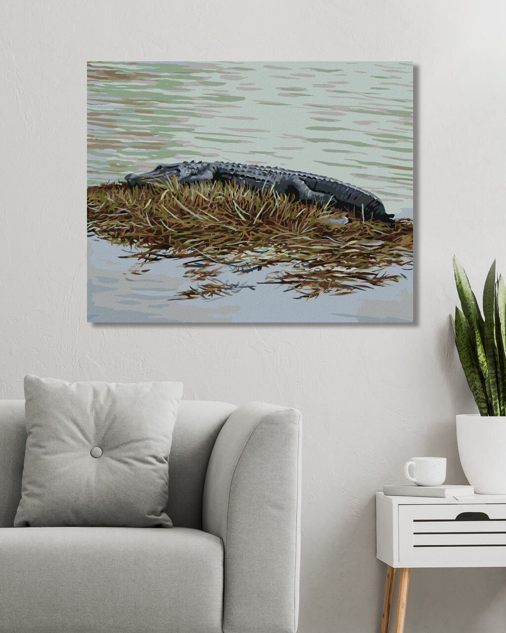 zuty Malování podle čísel – ALIGÁTOR LEŽÍCÍ NA TRÁVĚ VE VODĚ (D. RUSTY RUST) - Rozměr: 40x50 cm, Rámování: Varianta: bez rámu a bez vypnutí plátna - obrázek 2
