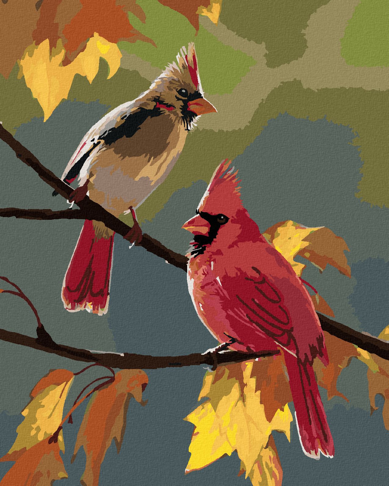 zuty Malování podle čísel – PTÁK KARDINÁL A PODZIMNÍ LISTÍ (JOE HAUTMAN) - Rozměr: 40x50 cm, Rámování: Varianta: vypnuté plátno na rám - obrázek 1