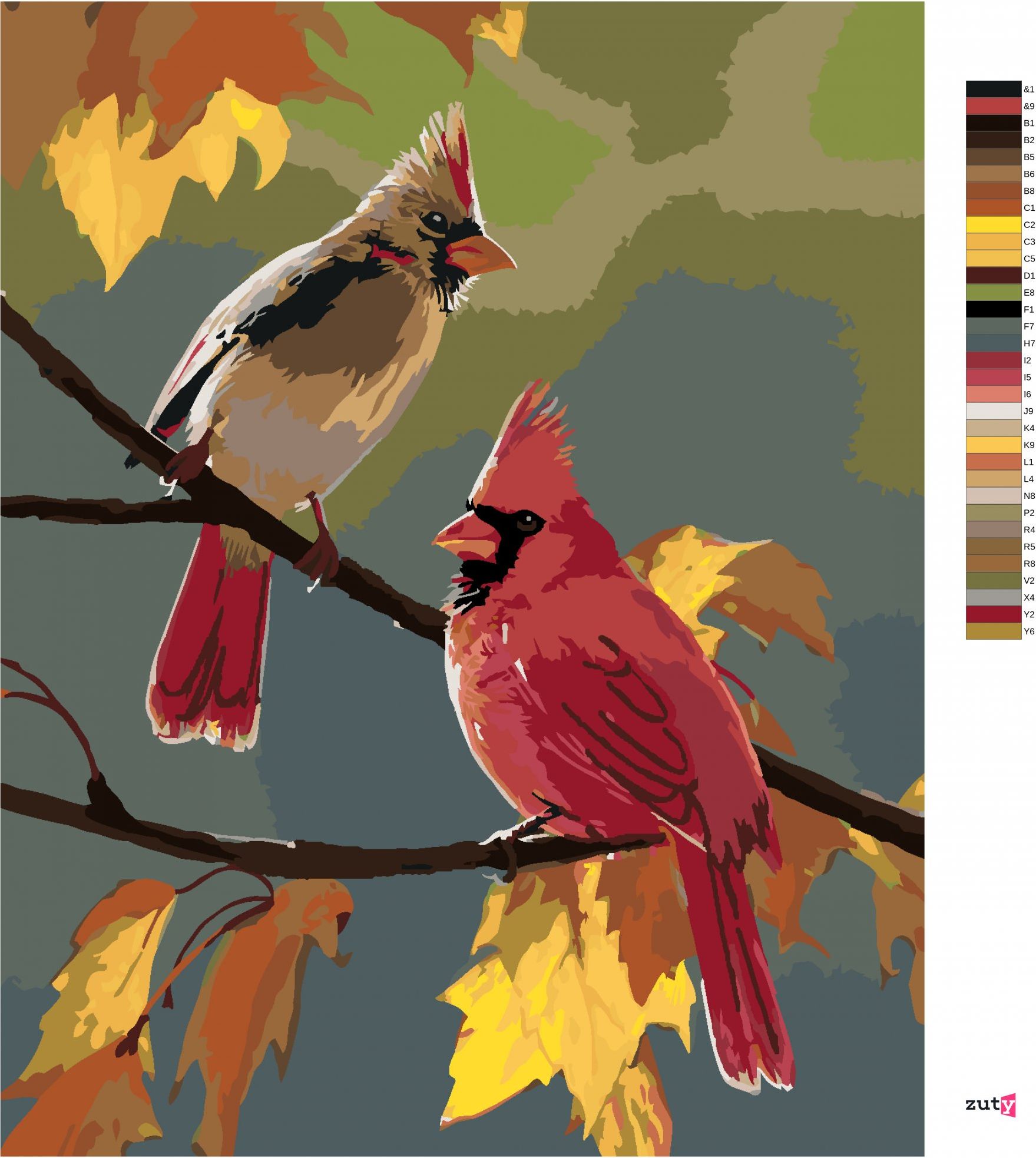 zuty Malování podle čísel – PTÁK KARDINÁL A PODZIMNÍ LISTÍ (JOE HAUTMAN) - Rozměr: 40x50 cm, Rámování: Varianta: vypnuté plátno na rám - obrázek 7