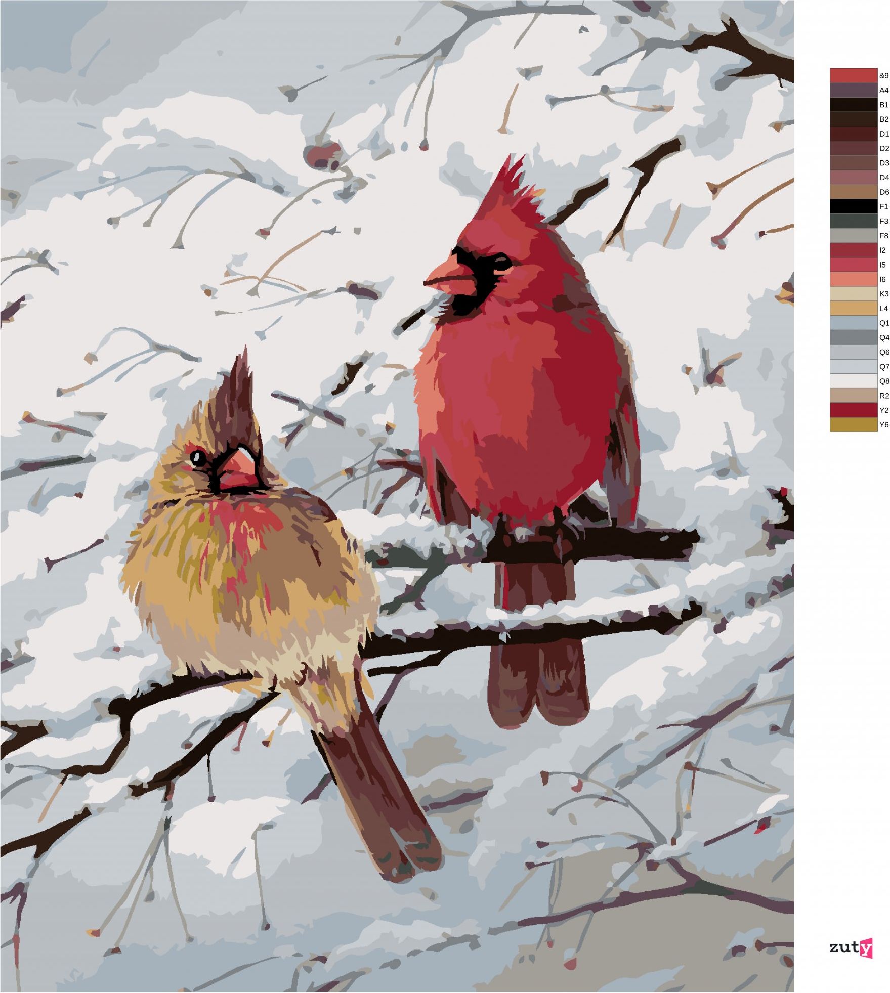zuty Malování podle čísel – PTÁK KARDINÁL A ZASNĚŽENÁ VĚTEV (JOE HAUTMAN) - Rozměr: 40x50 cm, Rámování: Varianta: vypnuté plátno na rám - obrázek 3