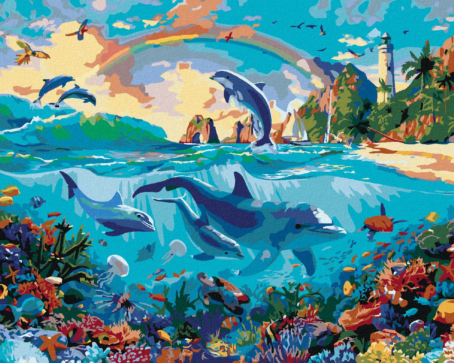 zuty Malování podle čísel - DELFÍNI V MOŘI (IMAGE WORLD-AP) - Rozměr: 40x50 cm, Rámování: Varianta: vypnuté plátno na rám - obrázek 1