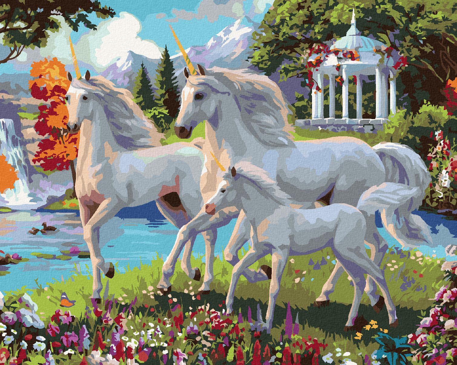 zuty Malování podle čísel – JEDNOROŽCI U VODOPÁDU (IMAGE WORLD-AP) - Rozměr: 40x50 cm, Rámování: Varianta: vypnuté plátno na rám - obrázek 1