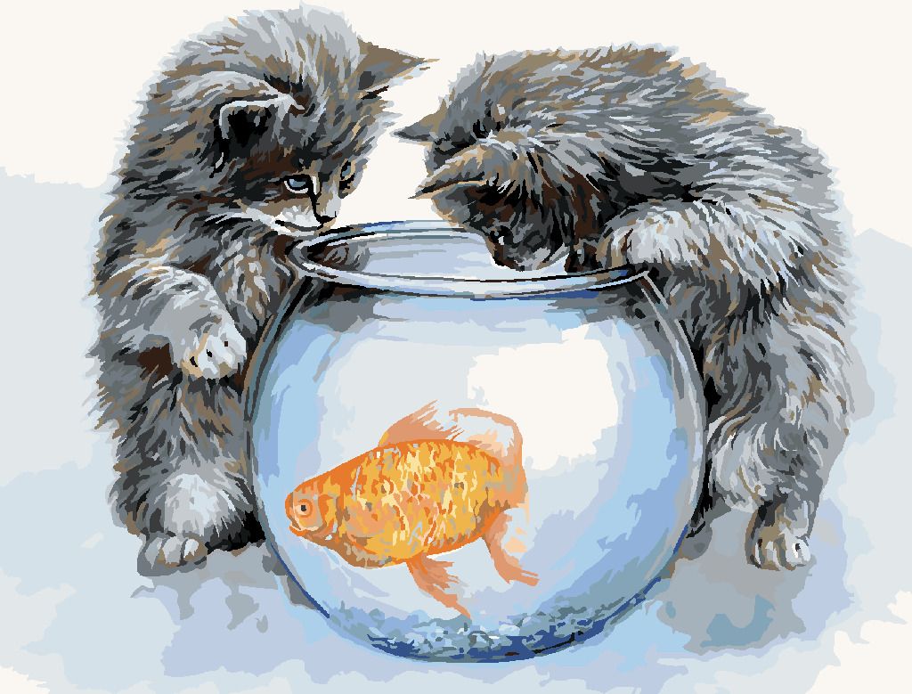 zuty Malování podle čísel – KOŤATA U AKVÁRIA A ZLATÁ RYBA (JIM KILLEN) - Rozměr: 40x50 cm, Rámování: Varianta: vypnuté plátno na rám - obrázek 3