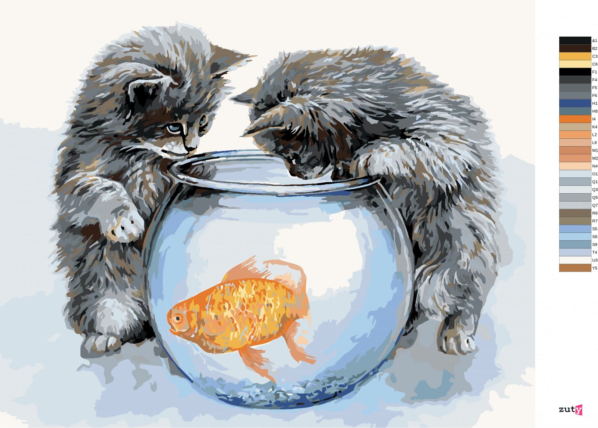 zuty Malování podle čísel – KOŤATA U AKVÁRIA A ZLATÁ RYBA (JIM KILLEN) - Rozměr: 40x50 cm, Rámování: Varianta: vypnuté plátno na rám - obrázek 4